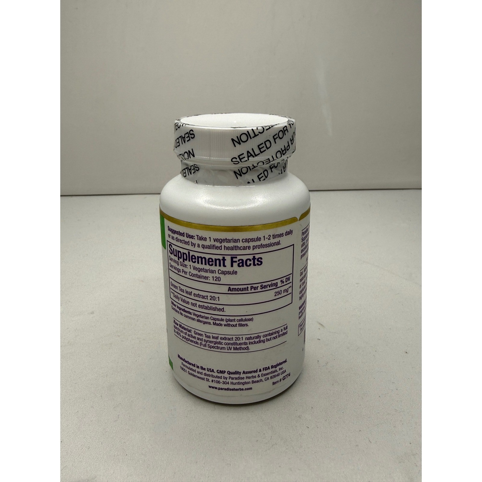 Paradise Green Tea Extract 120 Vegetarian Capsules Vegan Non GMO Gluten Free