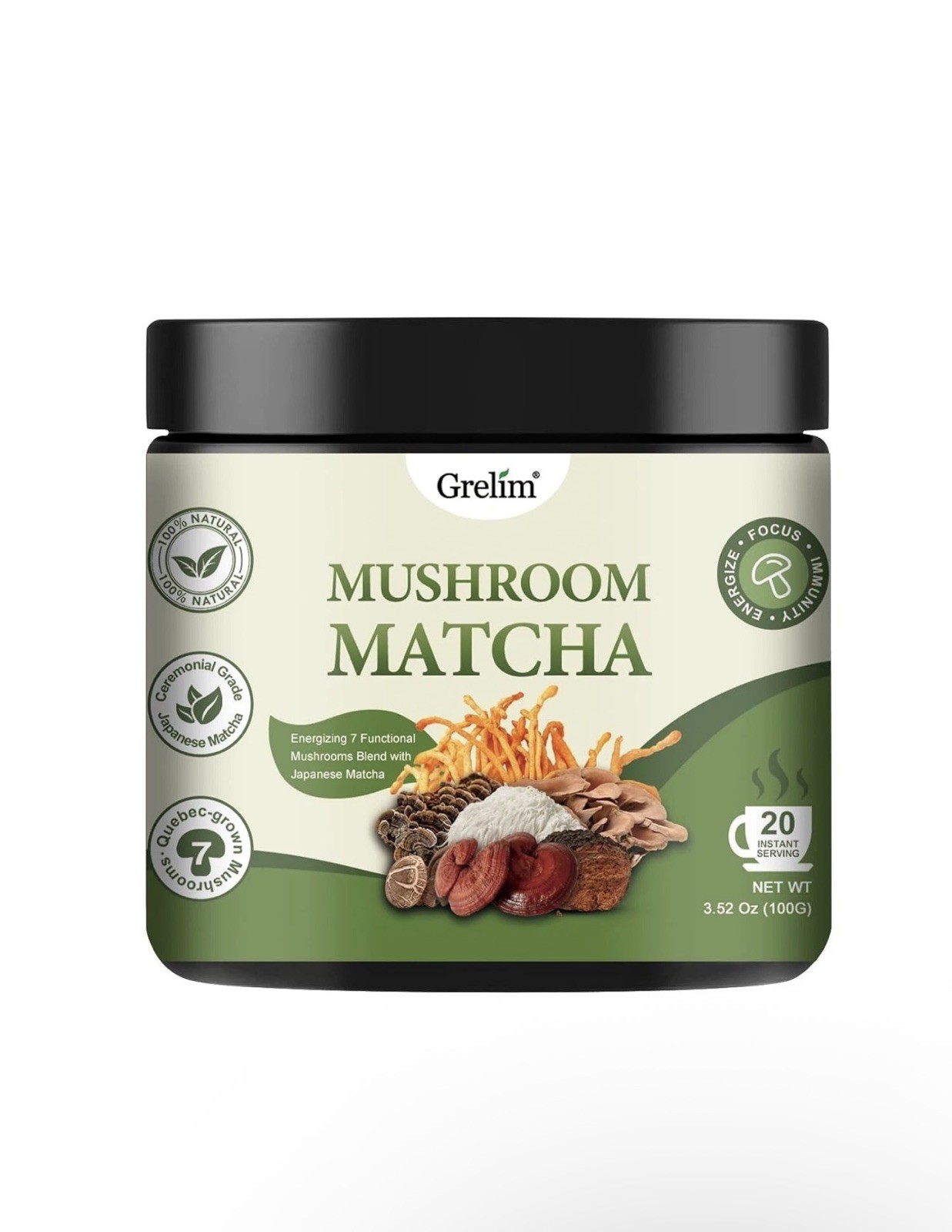 3.52 Oz, Grelim Mushroom Matcha Infused With 7 Superfood Mushrooms, MCT Oil