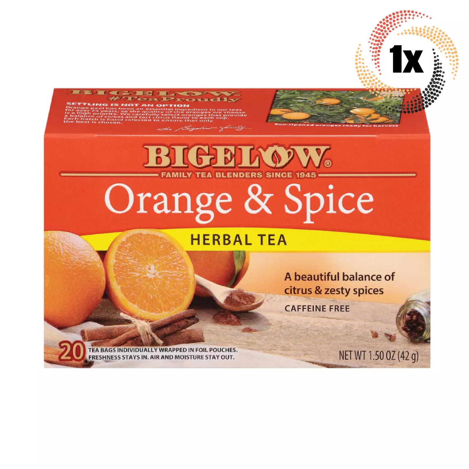 1x Box Bigelow Orange & Spice Herbal Tea | 20 Pouches Per Box | 1.50oz