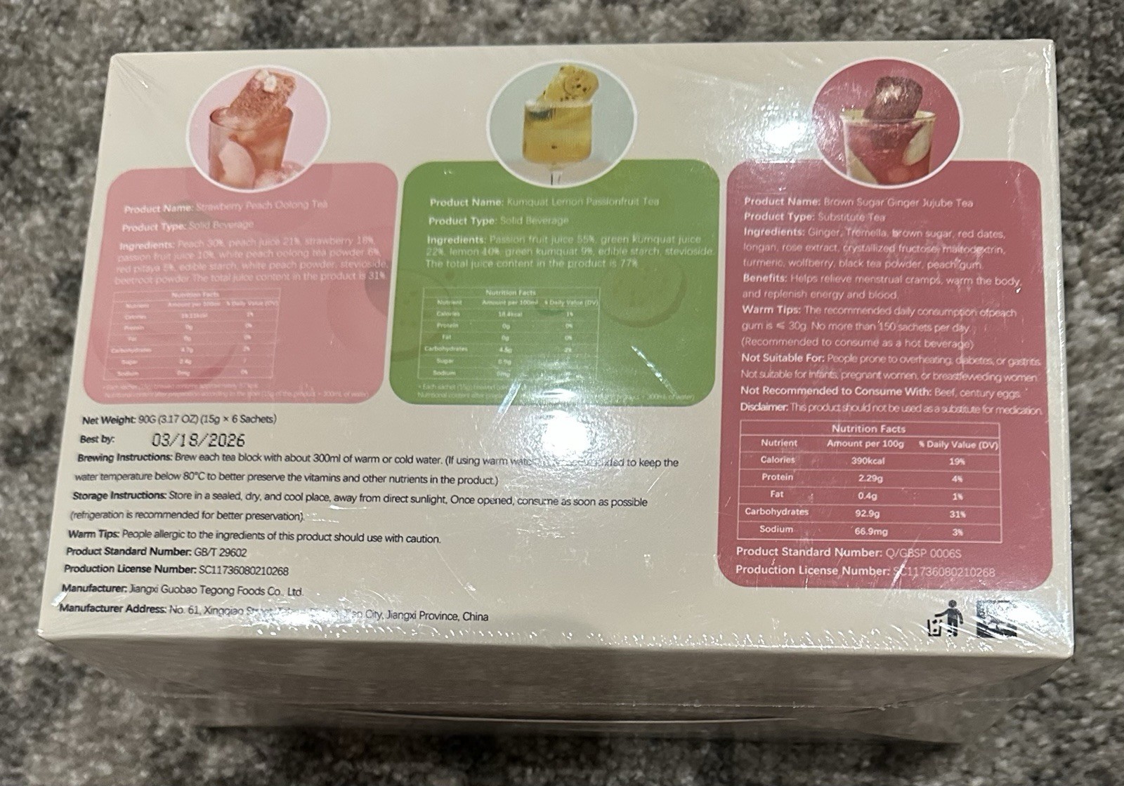 Freeze-Dried Fruit Tea 6 Sachets Strawberry Peach Oolong Lemon Ginger