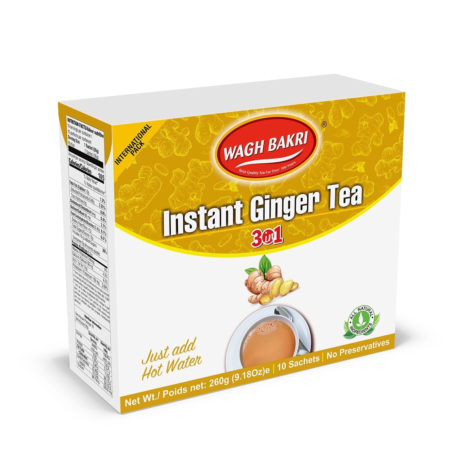Instant Ginger Tea, 3 in 1, Just add Hot Water – 260 grams, 10 Sachets, Stirr…