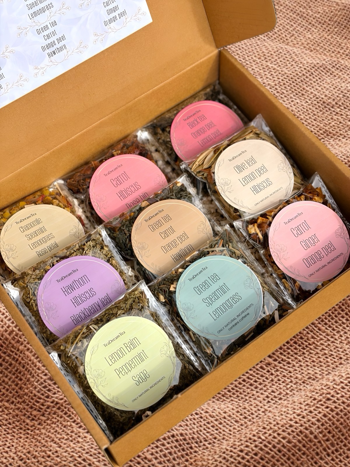 TeaDreamTea Loose Leaf Tea Gift Box 9 Blend Sampler Personalized Card Gift