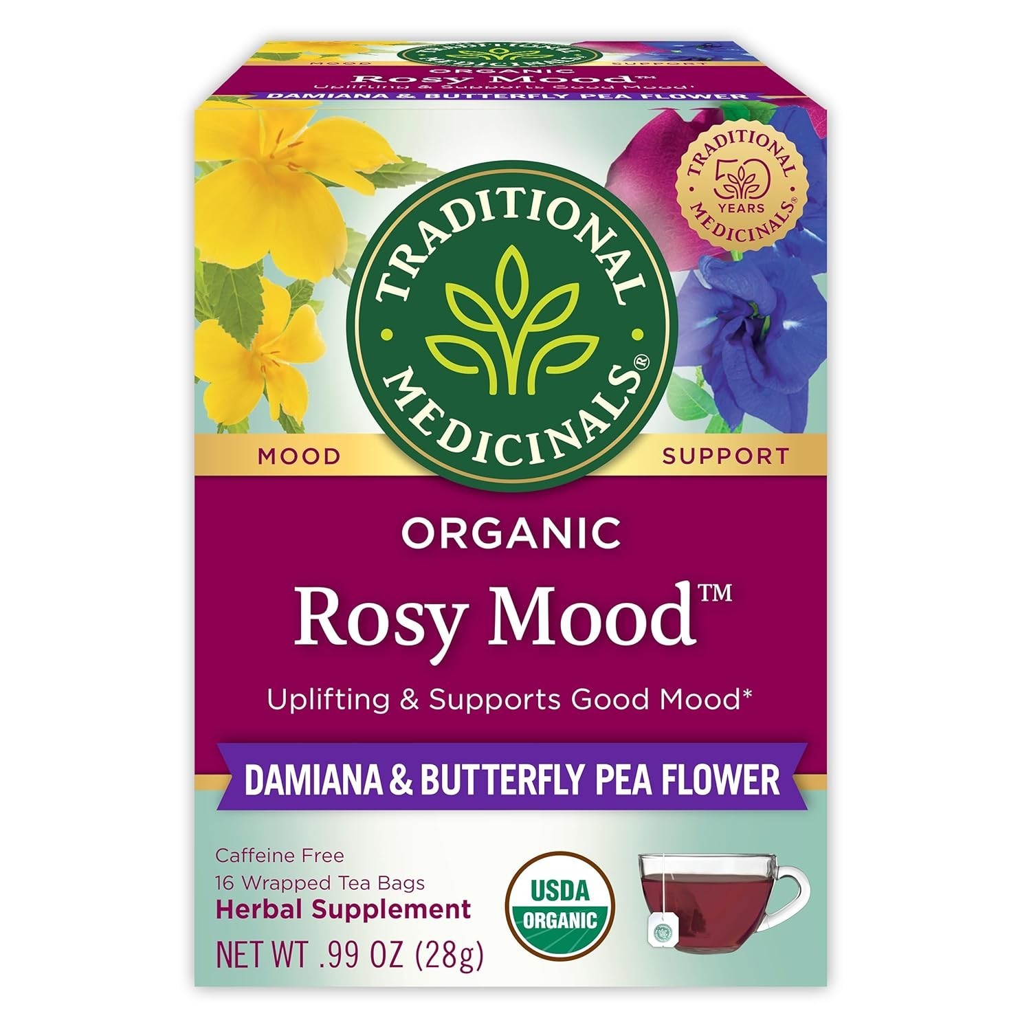 Organic Uplifting Tea – Rosy Mood with Damiana & Butterfly Pea Flower, 16 Bags