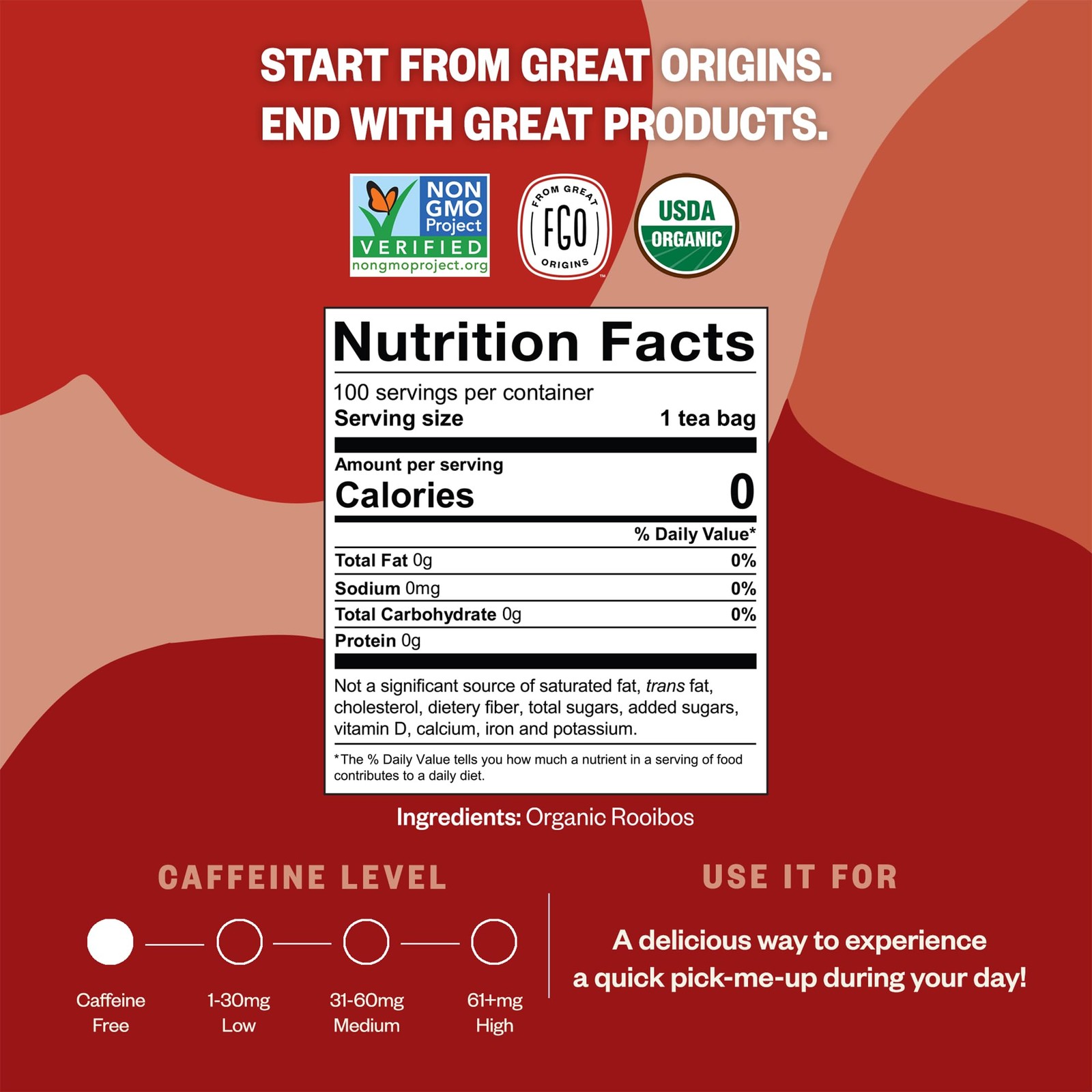 FGO Organic Rooibos Tea, 100 Count, Eco-Conscious Tea Bags, Caffeine Free, Pa…