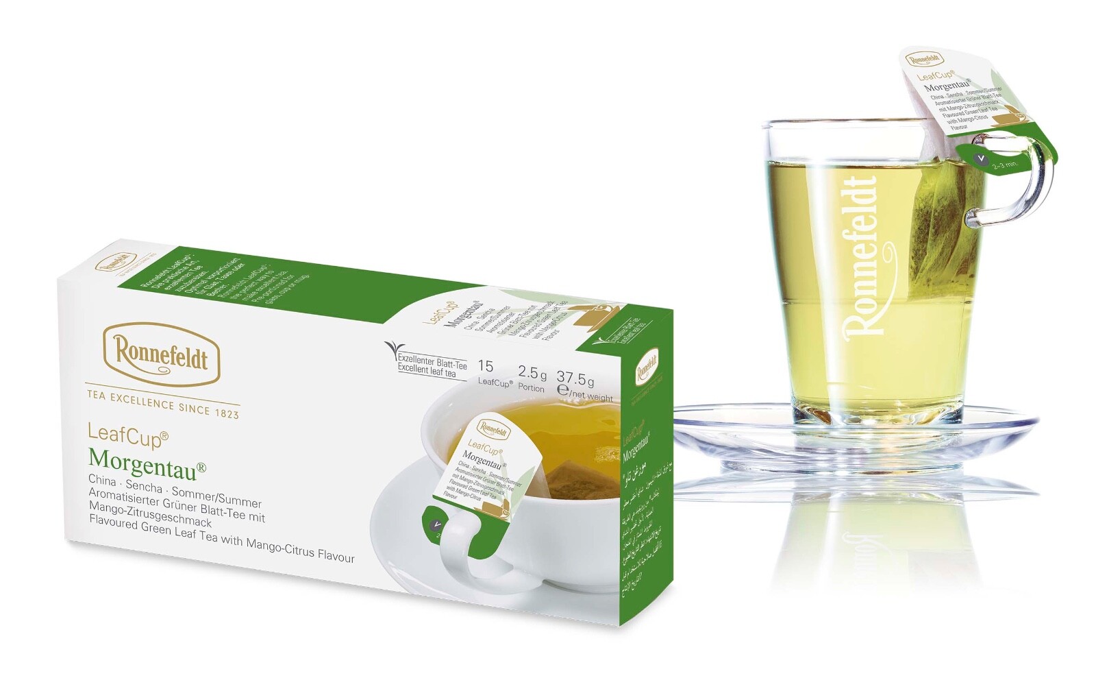 Ronnefeldt Leafcup® Morgentau. 15 Green tea Bags with mango & citrus flavor.Made