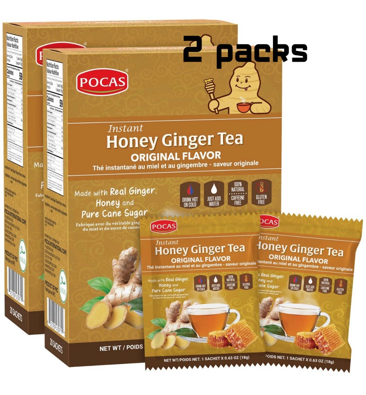 Pocas Honey Ginger Tea, Original, 12.6 Ounce, (20Bagx 2) EXP:2027 Free Shipping