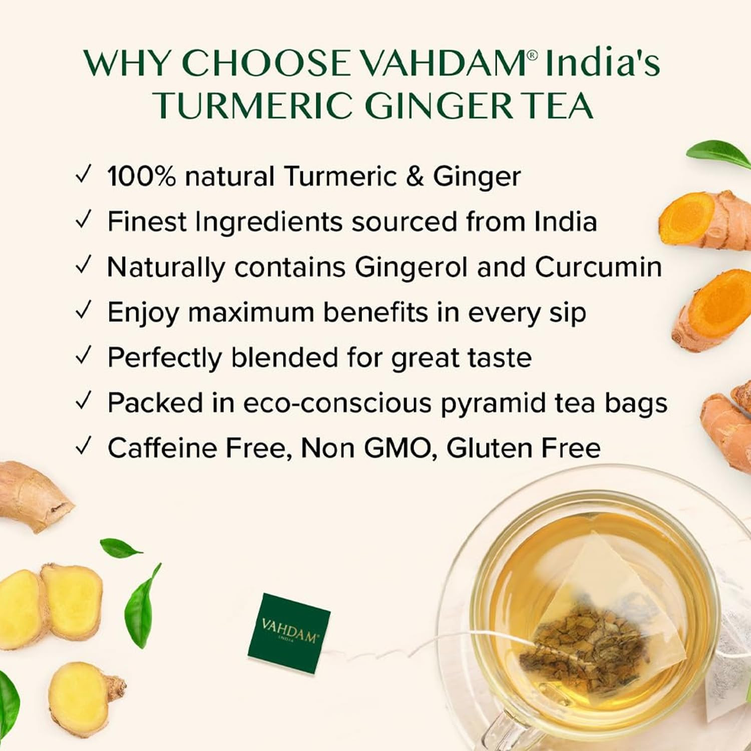 VAHDAM Organic Turmeric Ginger Herbal Tea Bags (100 Pyramid Tea Bags) Caffeine F