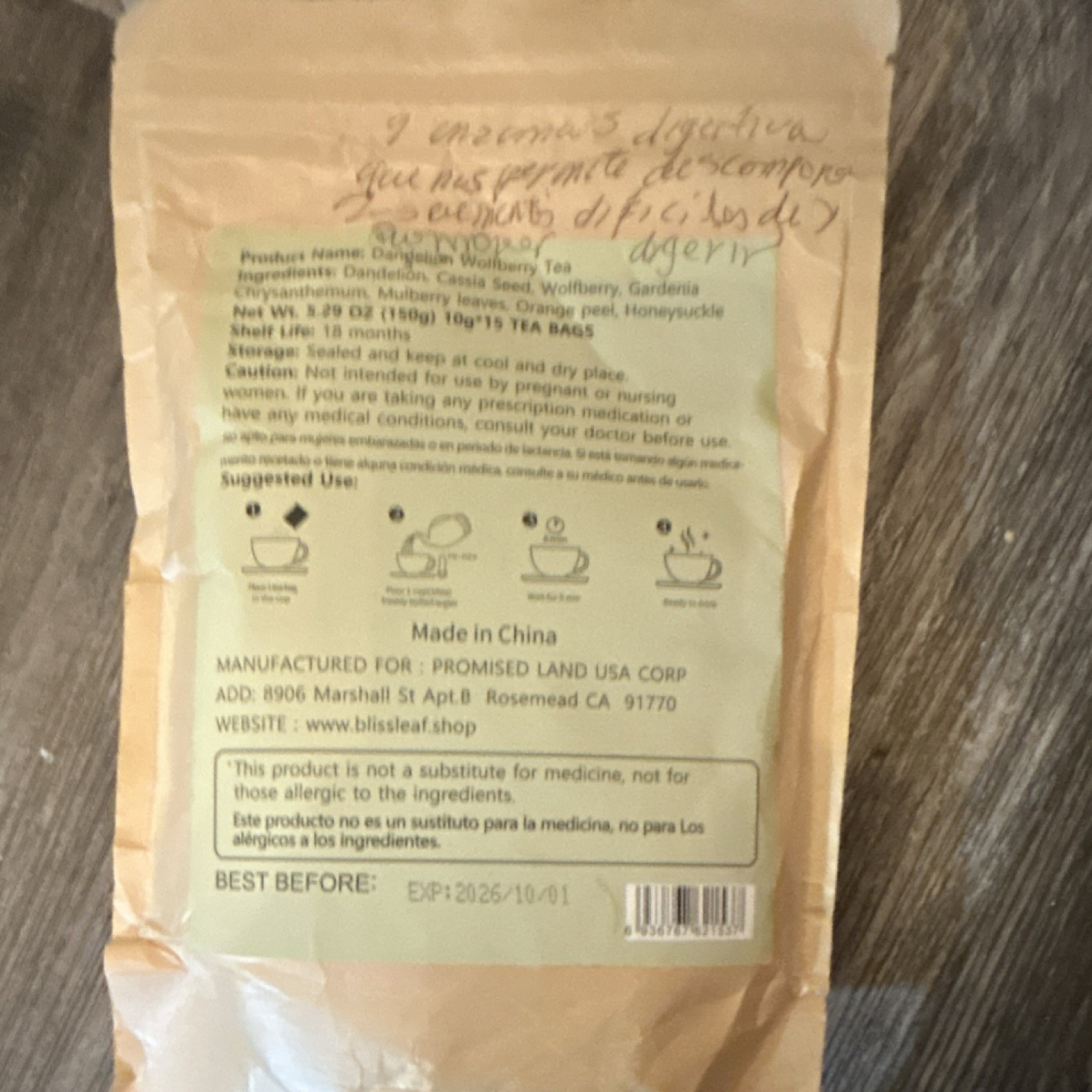 Bliss Leaf Dandelion Leaf & Root Herbal Tea Caffeine Free 15 Bags 5.29oz Pantry