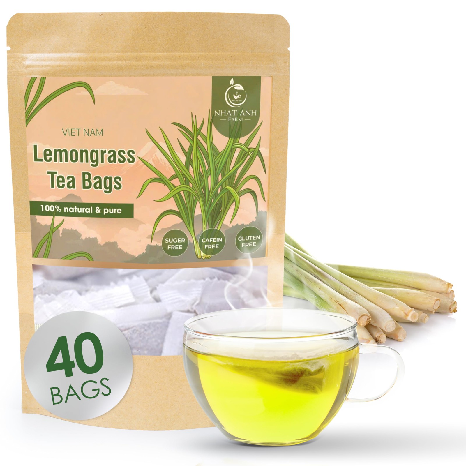 Lemongrass Tea Bags 40 Count 100% Natural Dried Herbal Sugar-Free