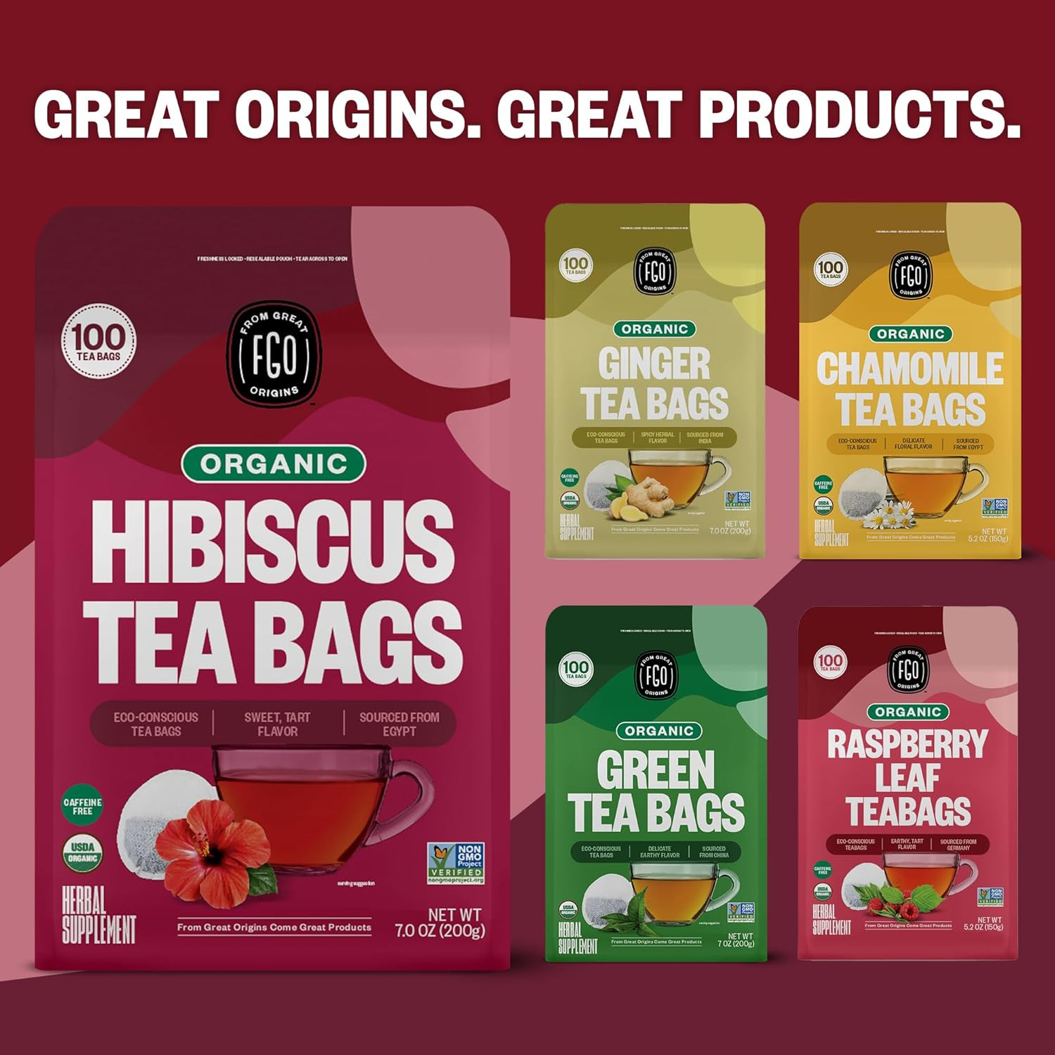 Organic Hibiscus Tea, 100 Count, Eco-Conscious Tea Bags, Caffeine Free, Packagin