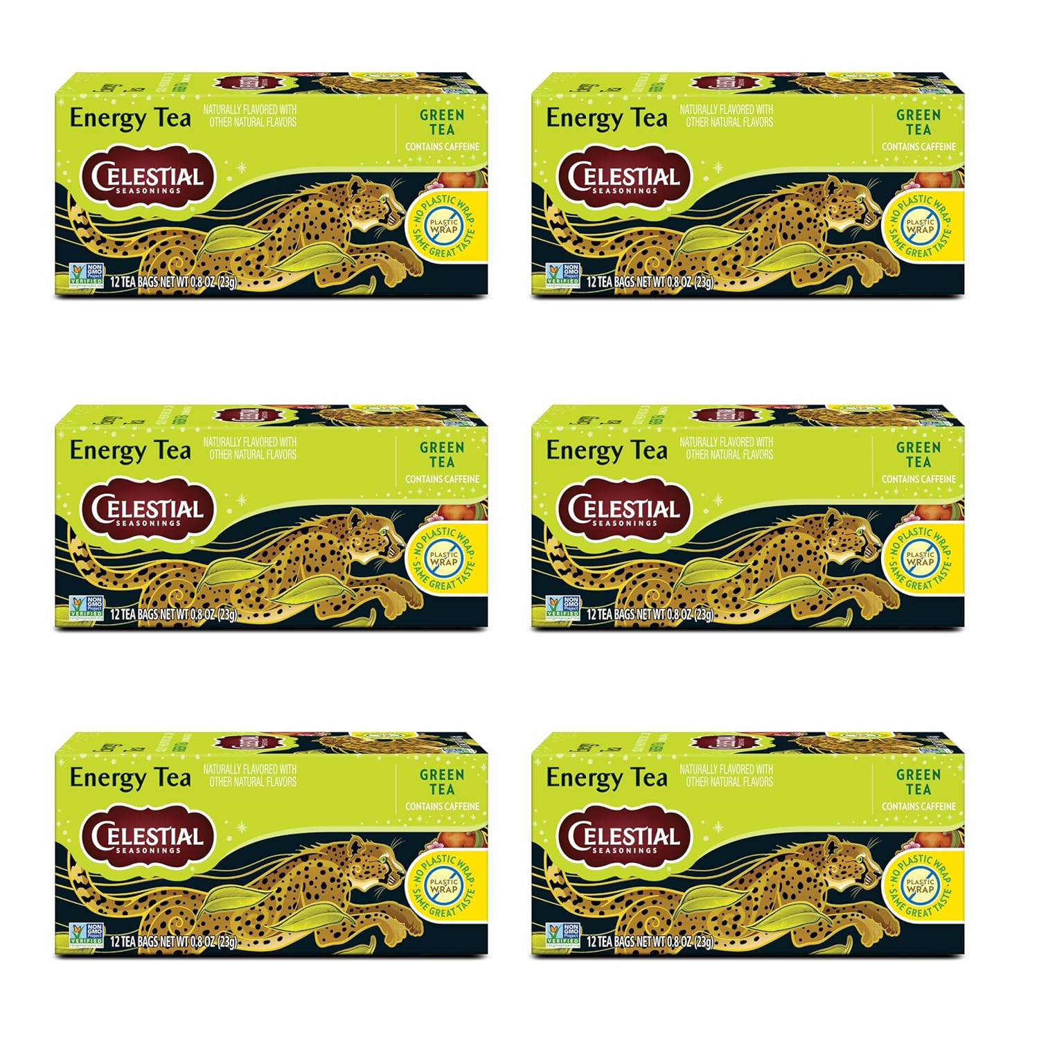 Energy Green Tea, Caffeinated, 12 Tea Bags Box (Pack of 6)
