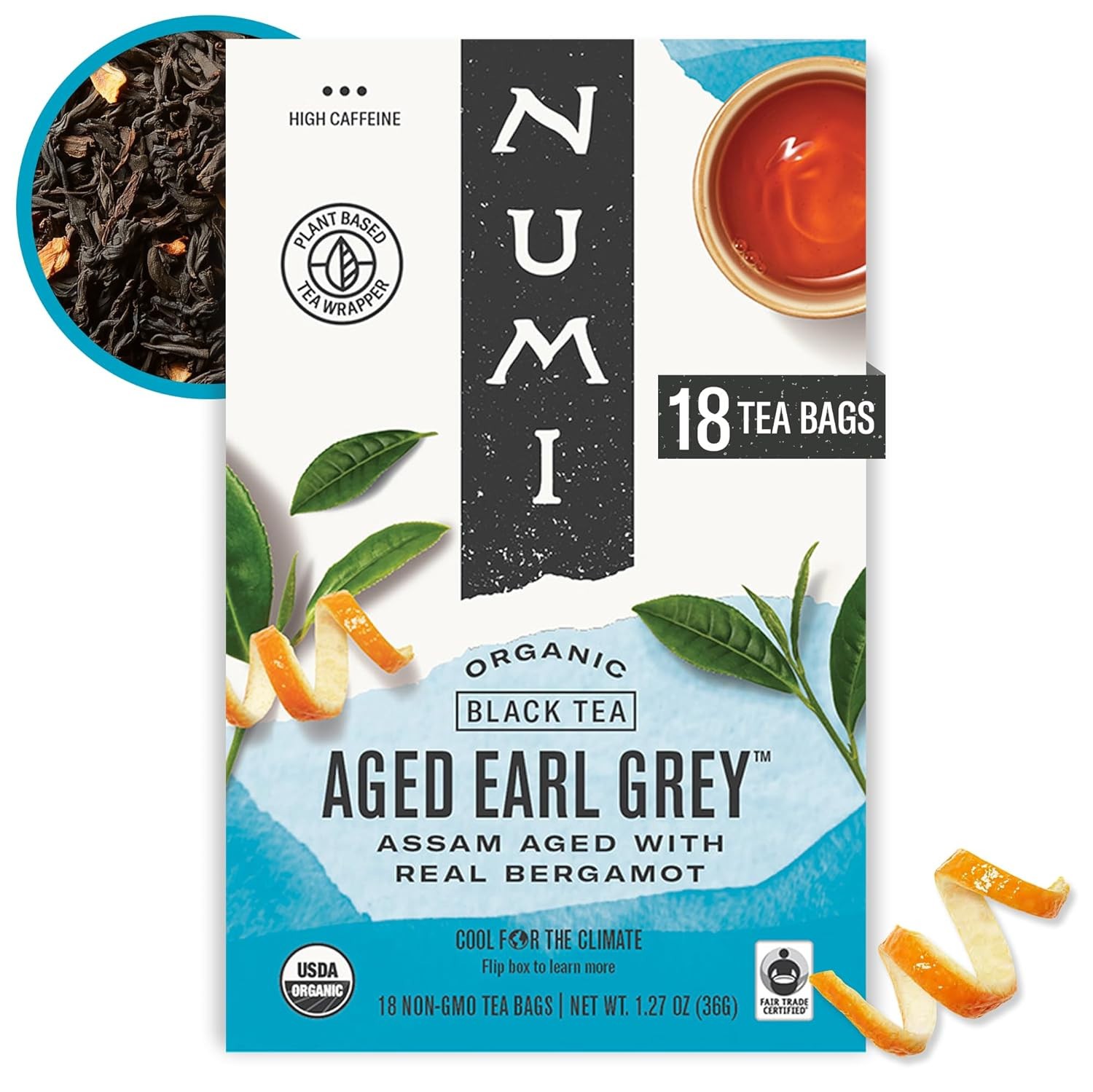 18pk Numi Organic Aged Earl Grey Tea, Assam Black w/ Real Bergamot, EXP 11/14/28