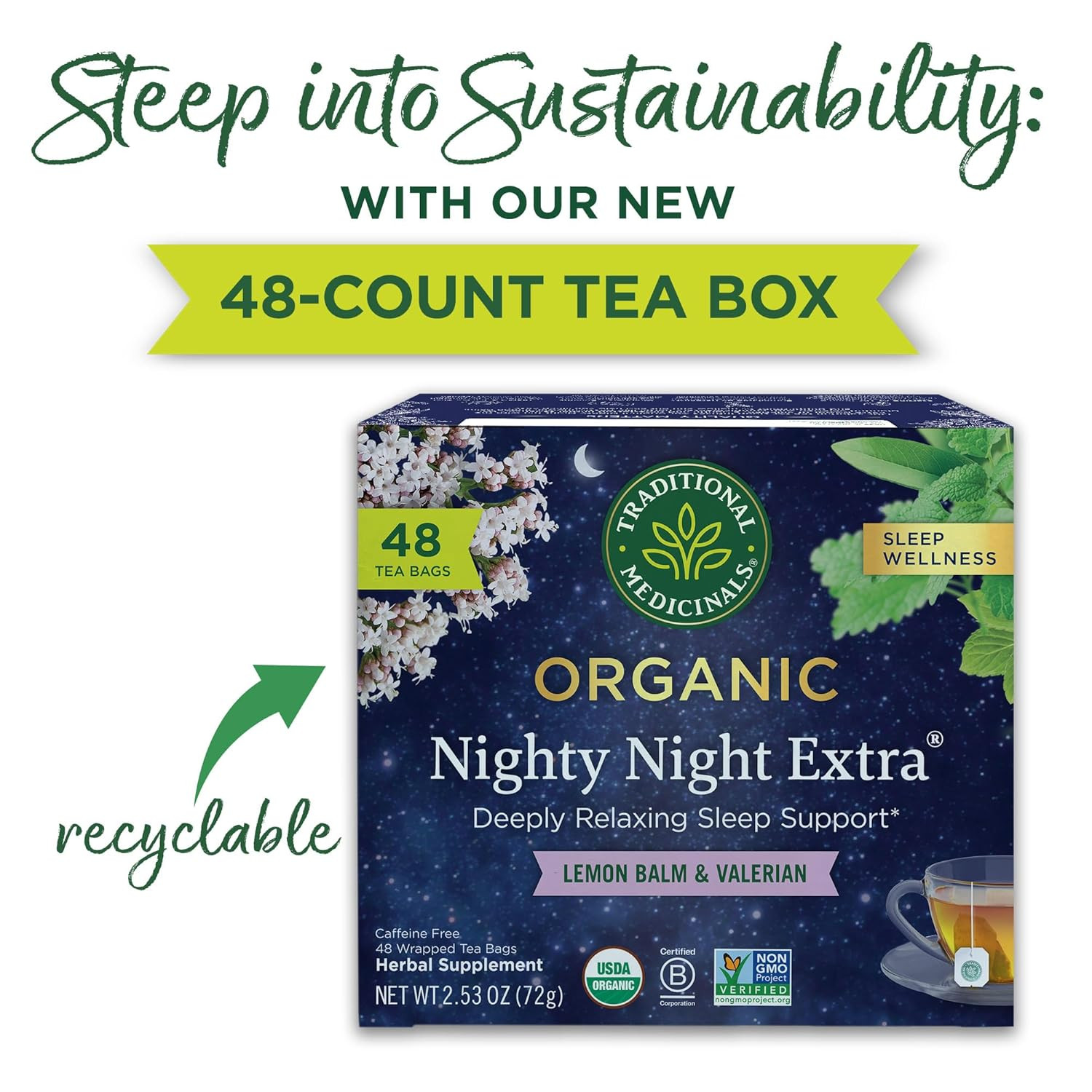 Organic Nighty Night Extra Tea with Valerian Root for Relaxation, 48 Tea Bags