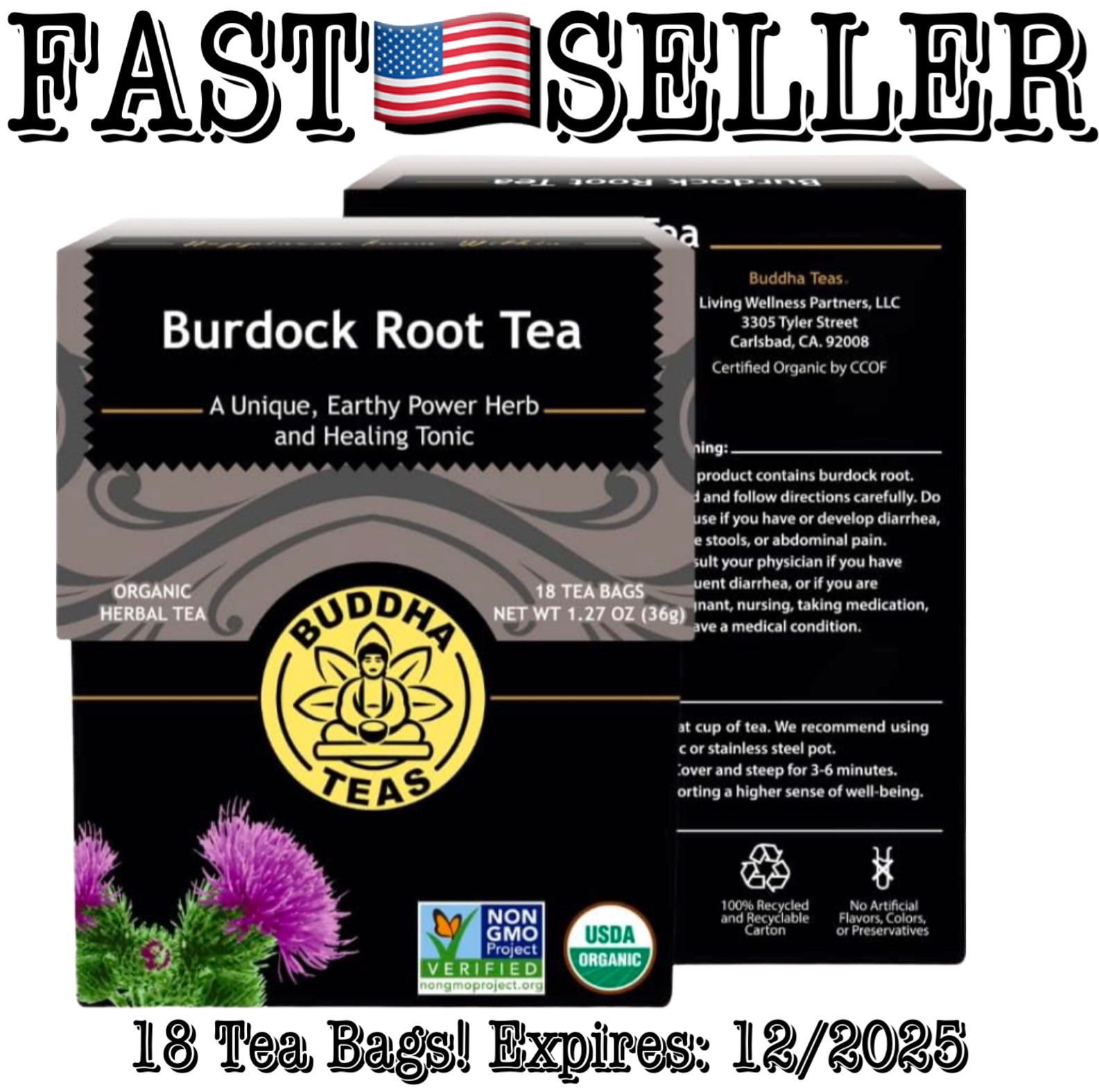 Buddha Teas Organic Burdock Root Tea, 18 Tea Bags Caffeine Free, Exp: 12/2025
