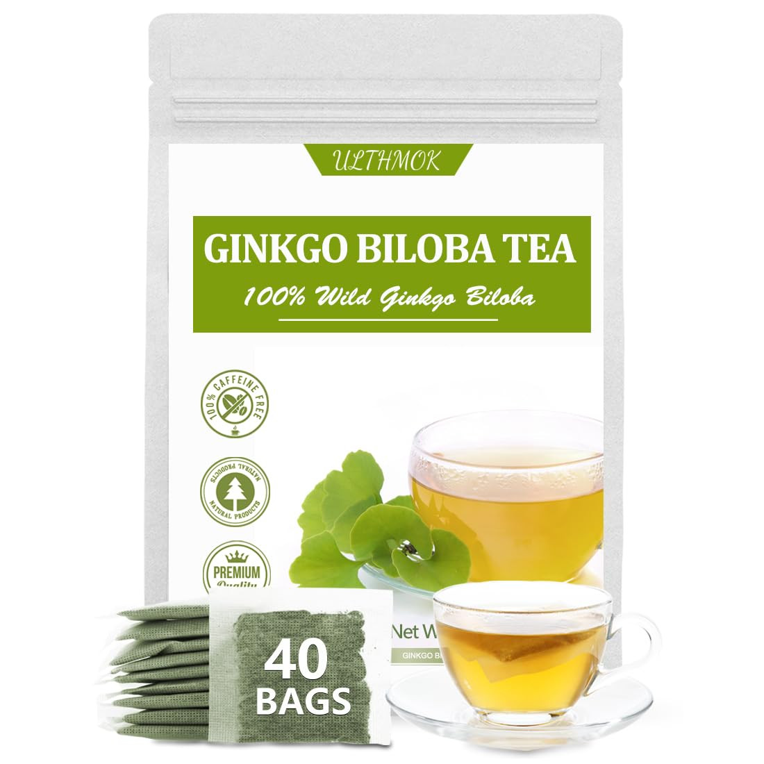 Premium 40 Ginkgo Biloba Tea Bags, Made with 100% Natural Ginkgo Biloba Leaves,