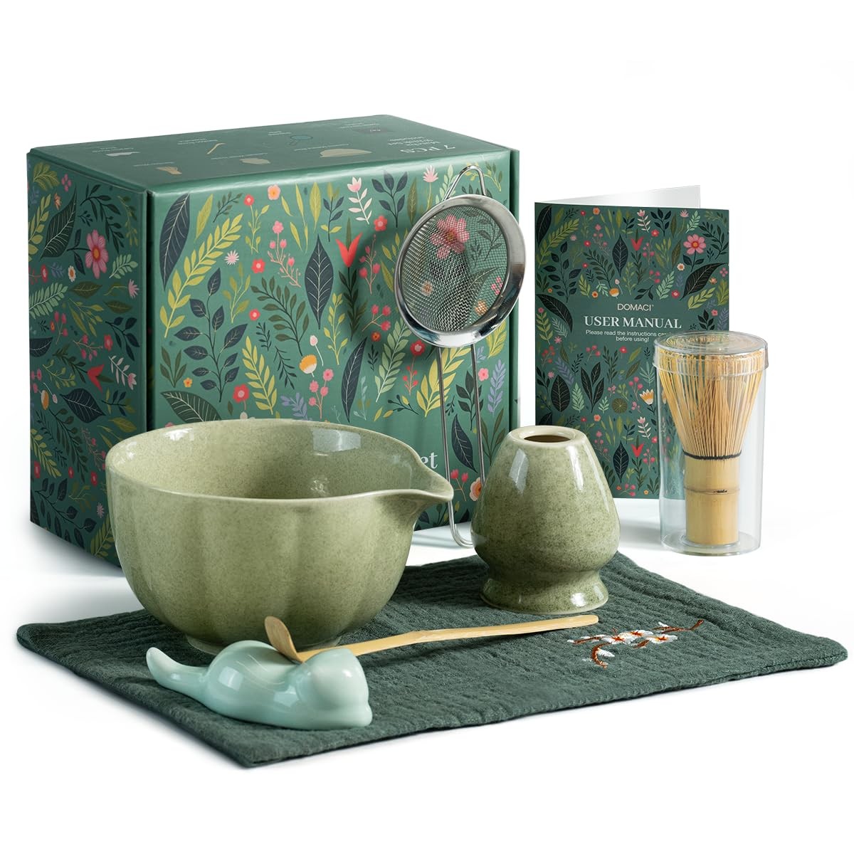 Matcha Whisk Set 7pc Bowl with Spout Tea Kit Sifter Towel Gift Set