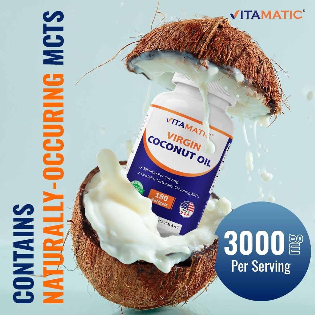 Vitamatic Virgin Coconut Oil Softgels, 3000 mg Per Serving, 60 Servings, 180…