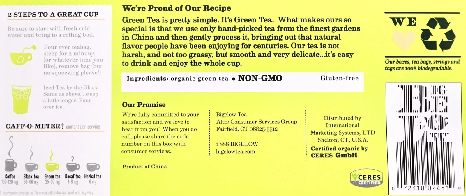 Bigelow Premium 100% Organic Chinese Green Tea, Individually Wrapped