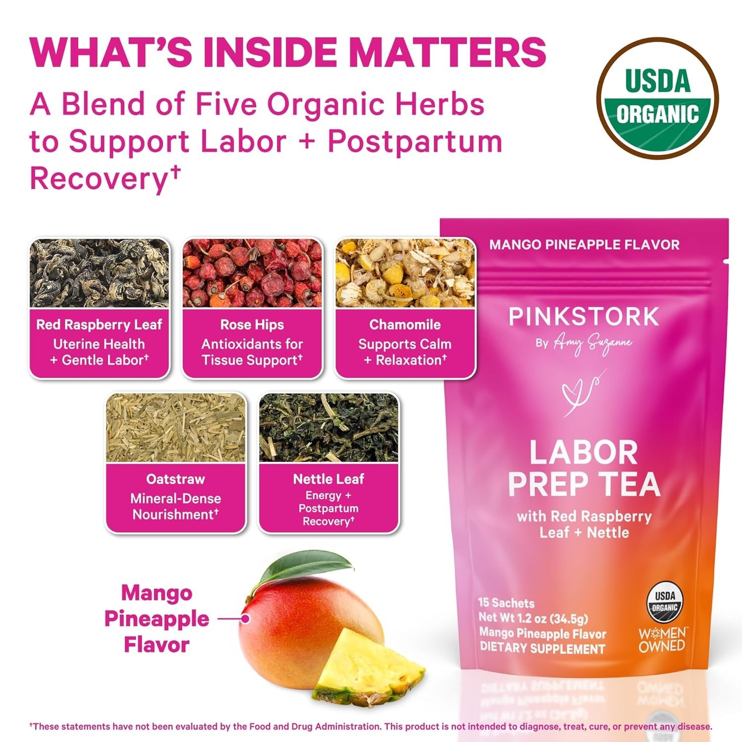 Organic Labor Prep Tea: Mango-Pineapple Blend with Nettle & Moringa – 30 Cups