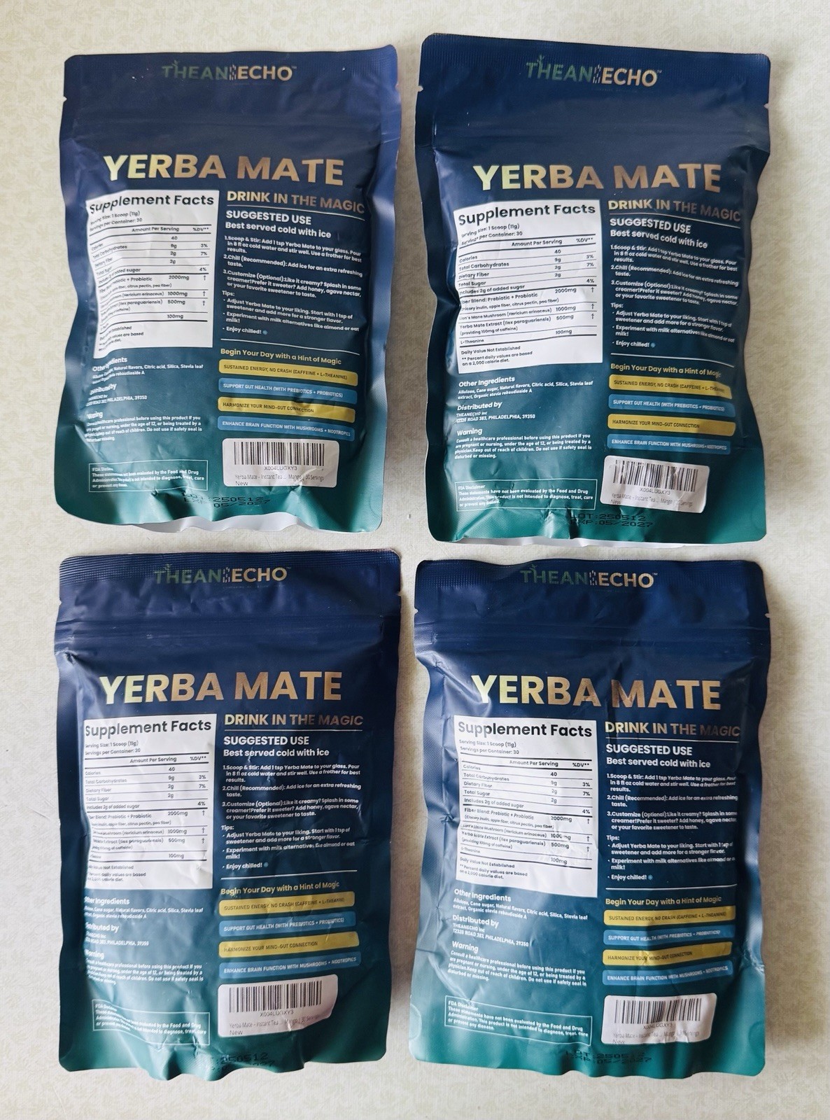4x THEAN ECHO Yerba Magic Peach Mango 11.64oz 30 Serv Instant Tea, BB: 05/2027