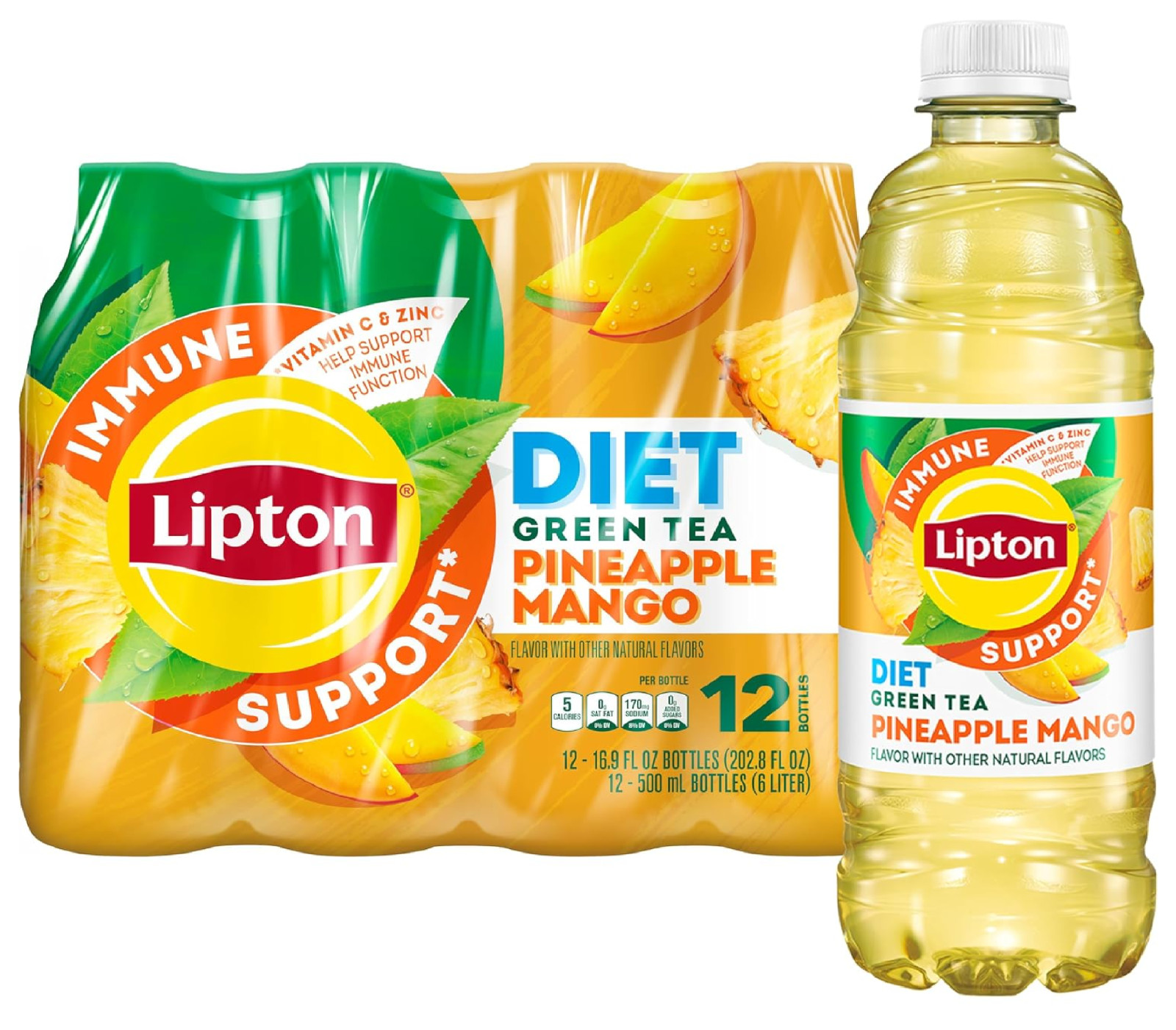 Lipton Immune Support Diet Pineapple Mango, 16.9 Fl Oz Bottles (Pack of 12)