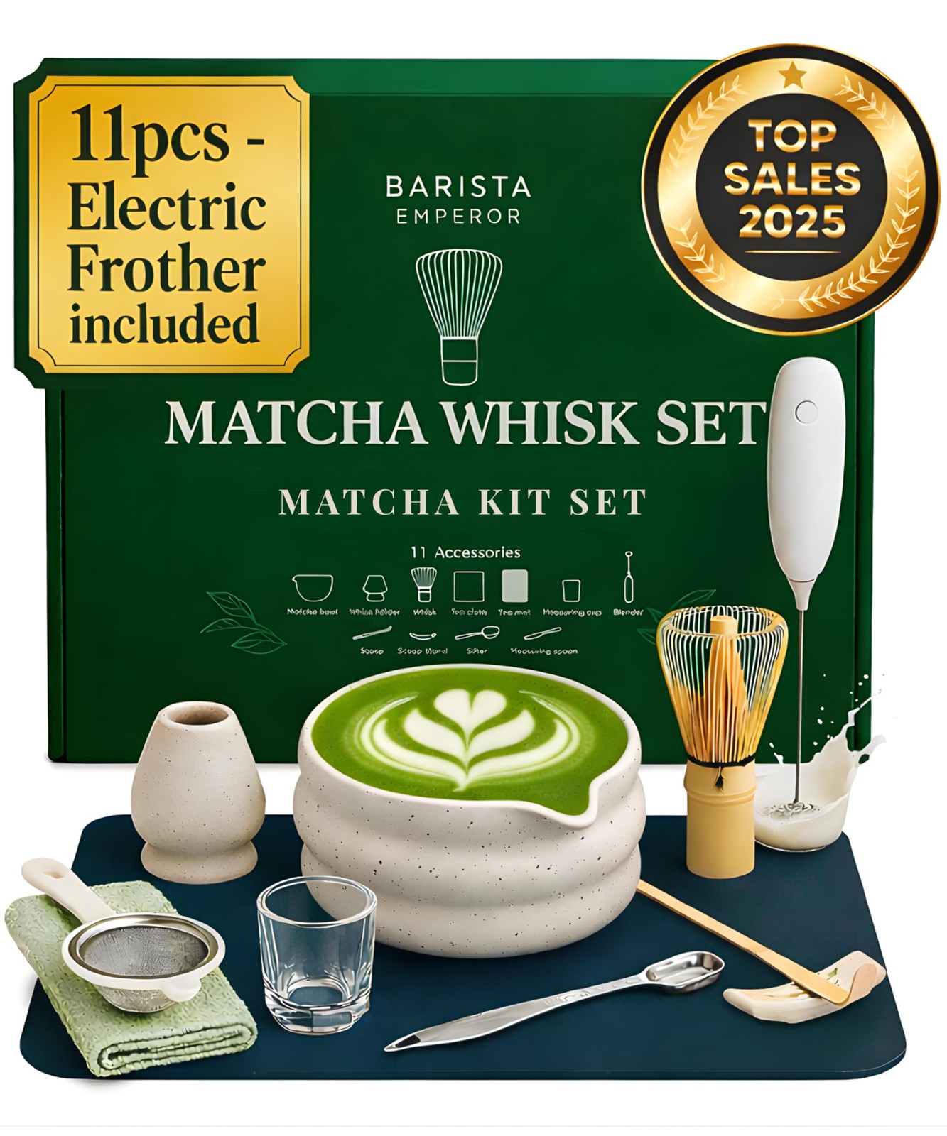 Matcha Whisk Set with Bowl, Frother, Spoon, Sifter, Scoop, Stand – Complete Kit