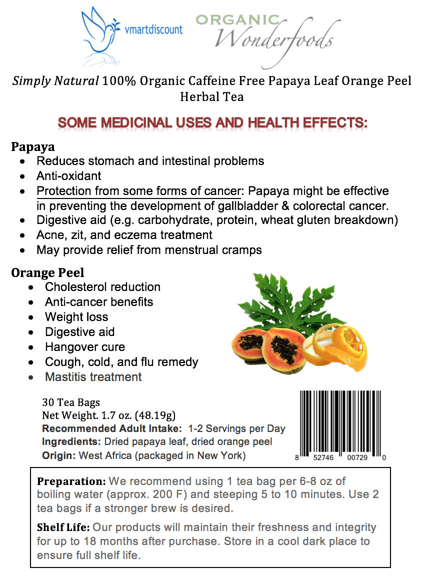 Papaya Leaf Orange Peel Herbal Tea, 30 Tea Bags, All Natural, Caffeine-Free