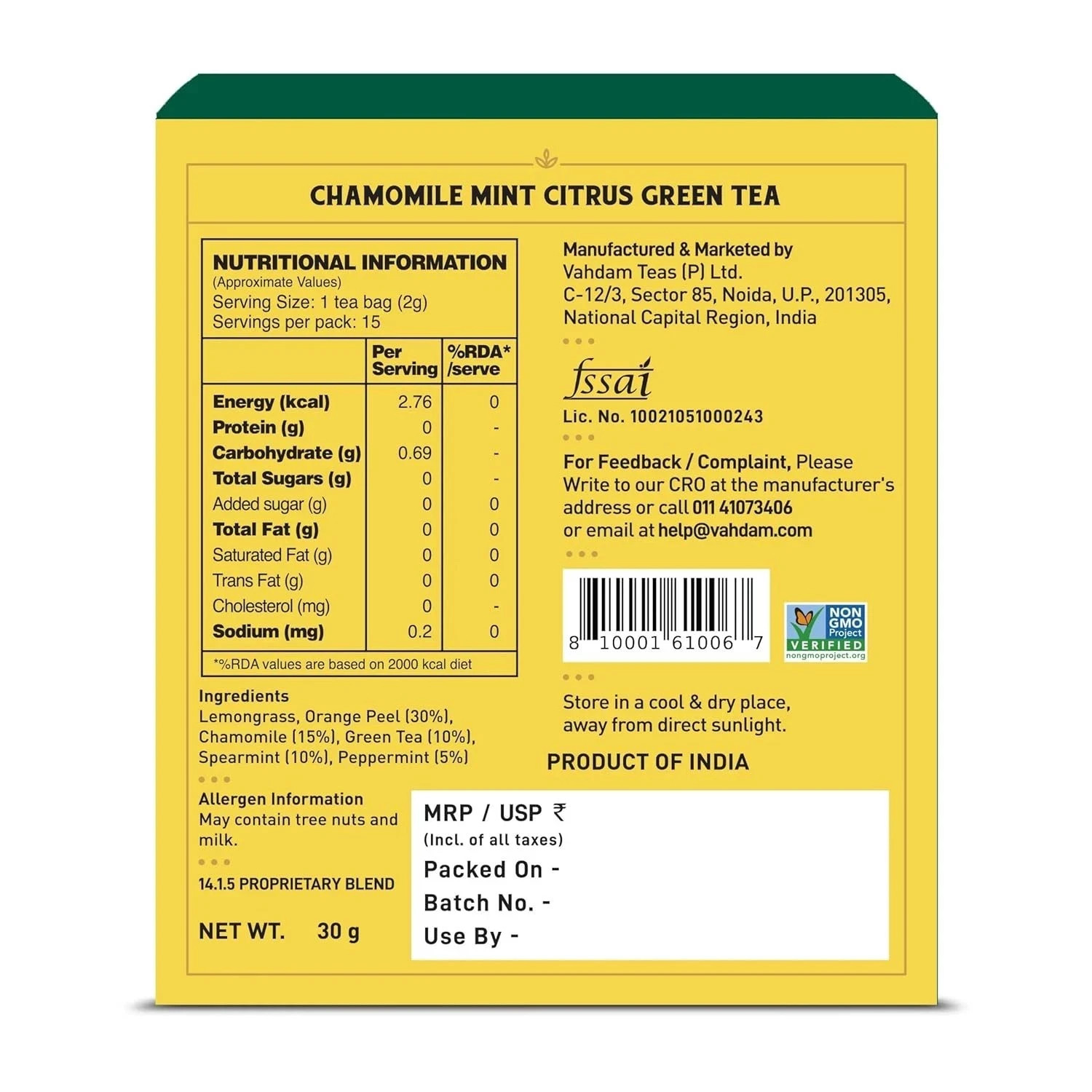 VAHDAM Chamomile Mint Citrus Green Tea | 15 Tea Bags free shipping world wide