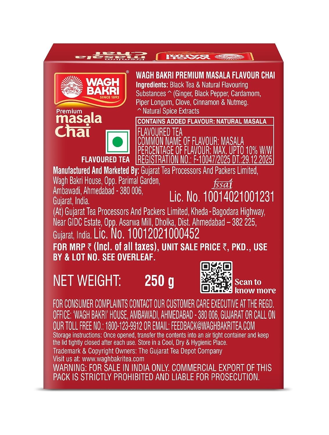 Wagh Bakri Premium Spiced Tea | With 7 Refreshing Spices |250 Gram, Black Tea