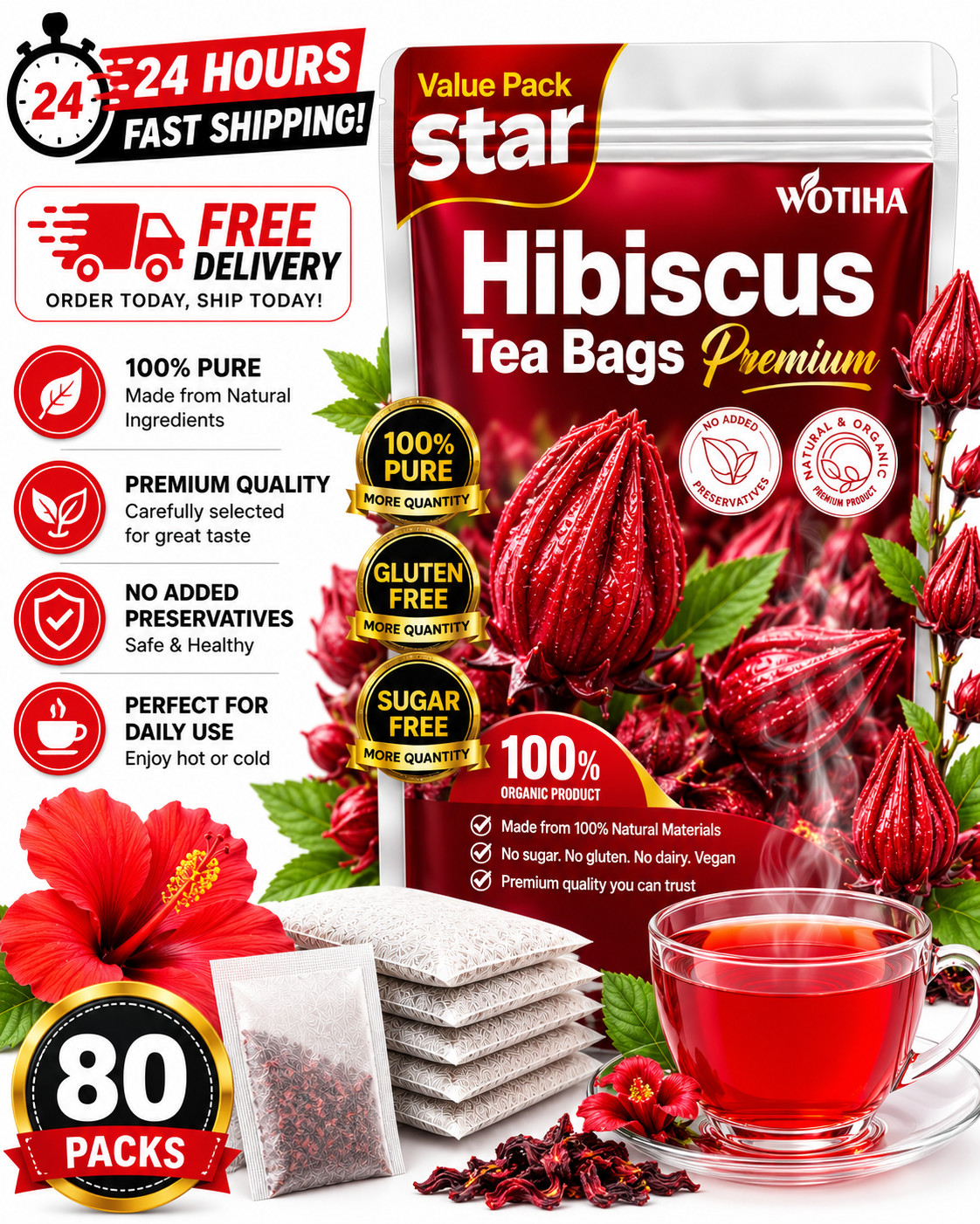Premium 80 Hibiscus Flowers Tea Bags, 100% Natural, Handmade & Pure from Hibi