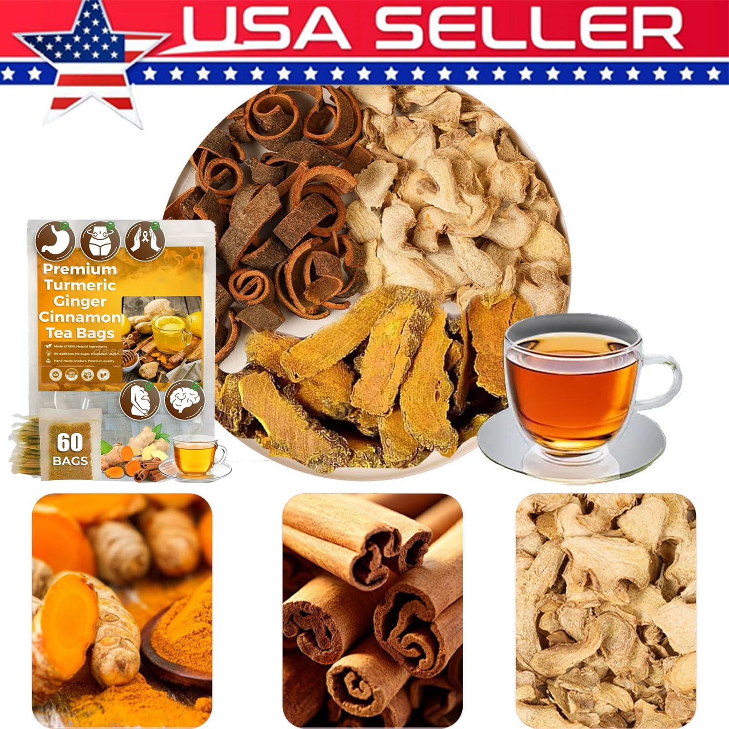 60Bags Turmeric Ginger Cinnamon Tea No Additive Support Brain Weight Sleep-Skin