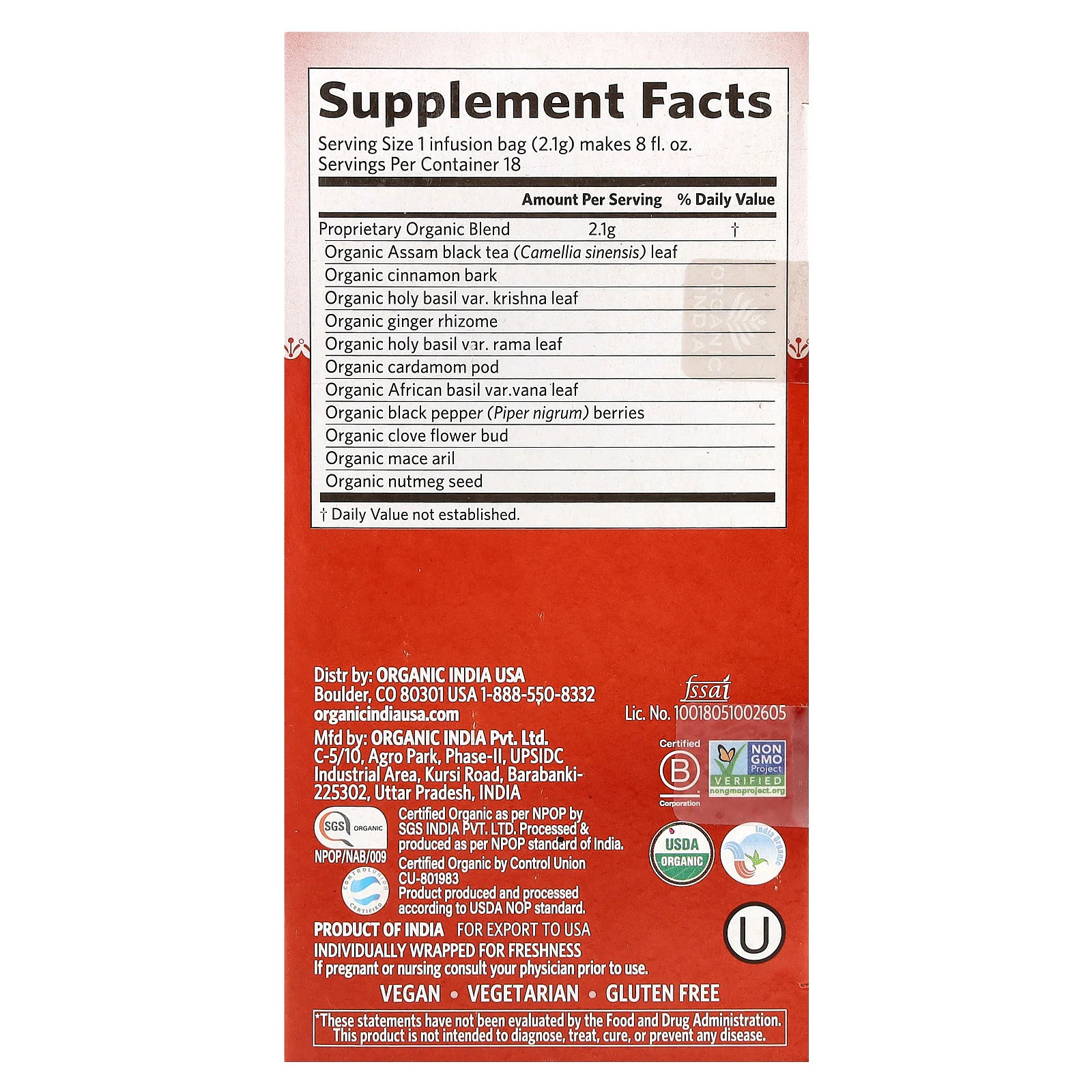 Tulsi Tea, Masala Chai, 18 Infusion Bags, 1.33 oz (37.8 g)