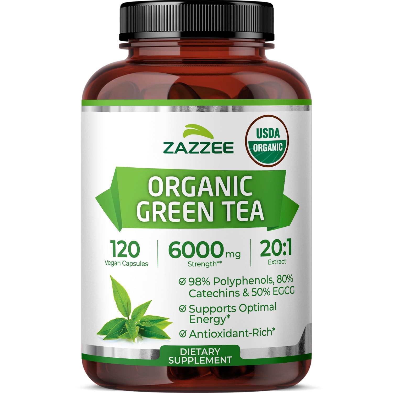 Zazzee USDA Organic Green Tea 20:1 Extract, 50% EGCG, 120 Count (Pack of 1)