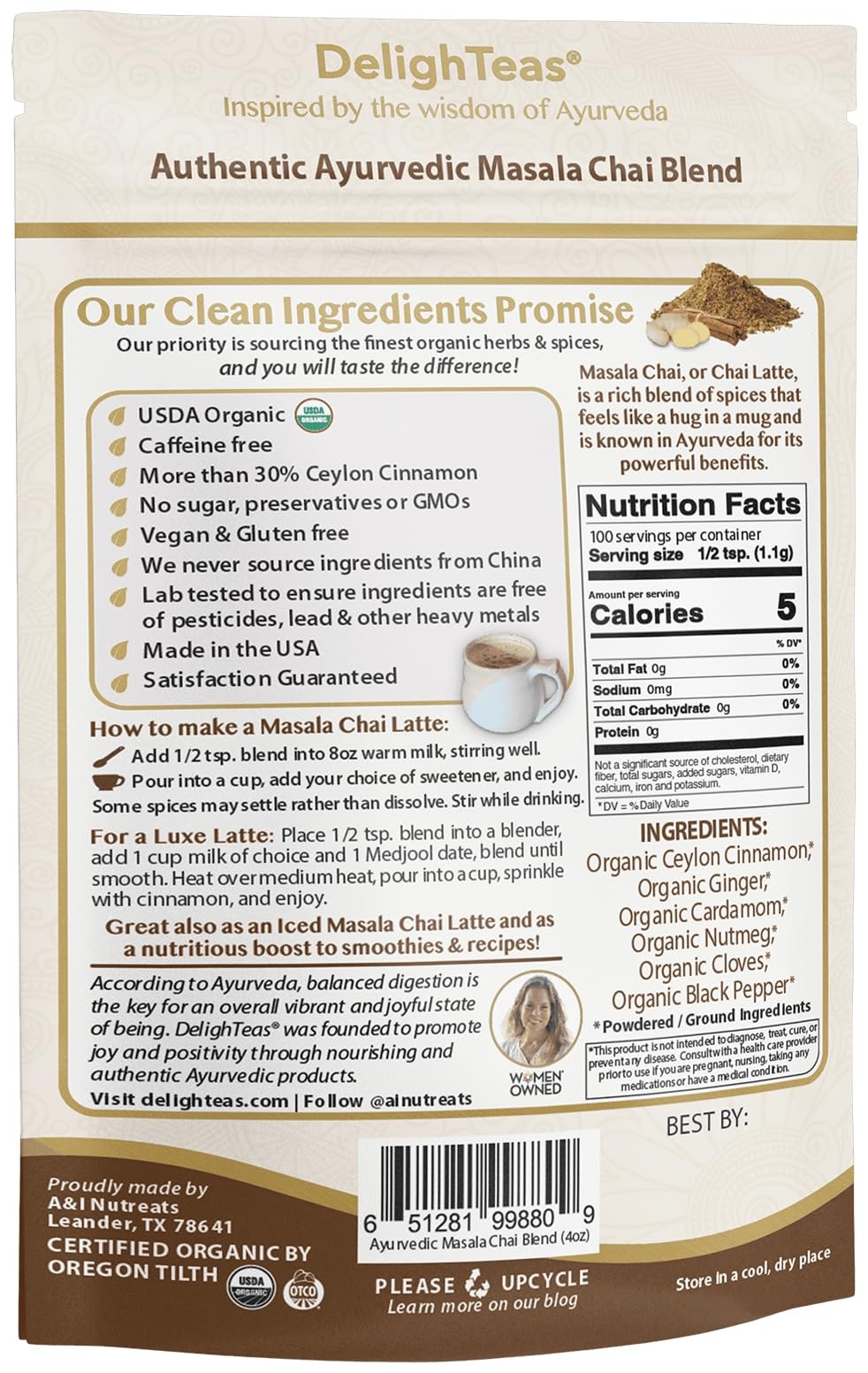 DelighTeas Organic Masala Chai Powder, Caffeine-Free, 100 Servings, 4oz