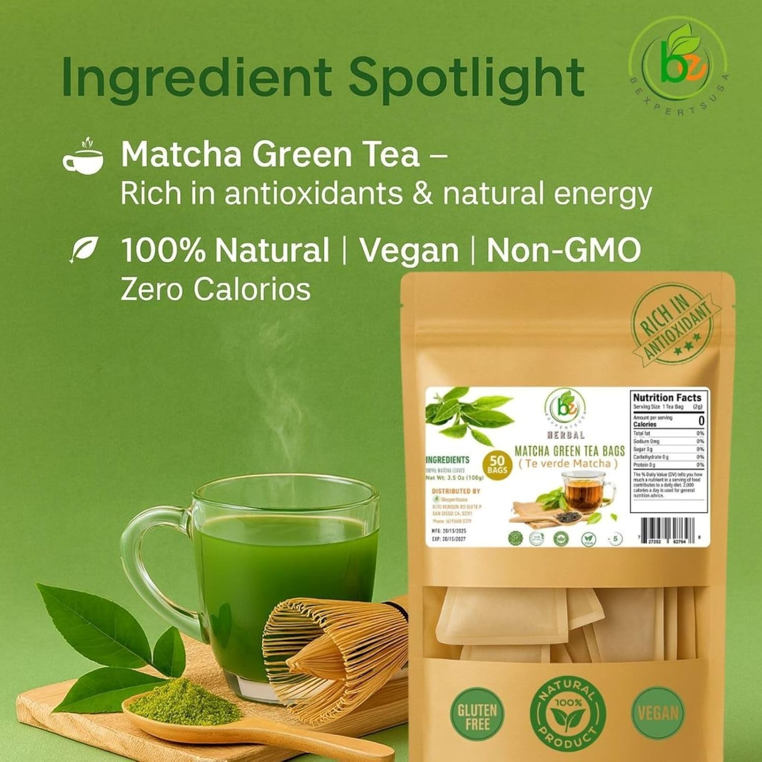 Green Matcha Tea – 50 Tea Bags (2 g Each) Premium Japanese-Style by BexpertsUSA