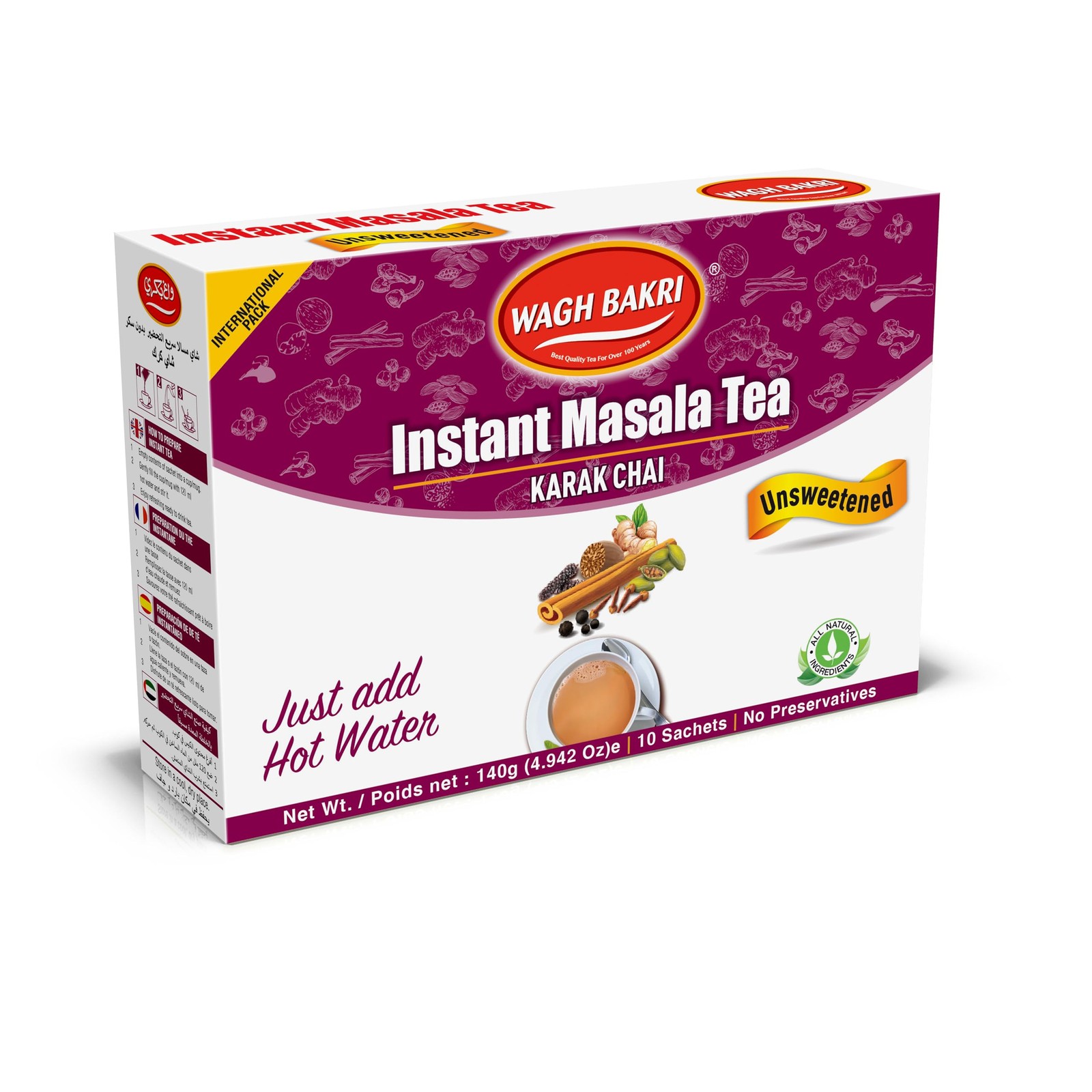 Instant Masala Tea, Unsweetened No Sugar Added, Karak Chai – 140grams, 10 Sac…