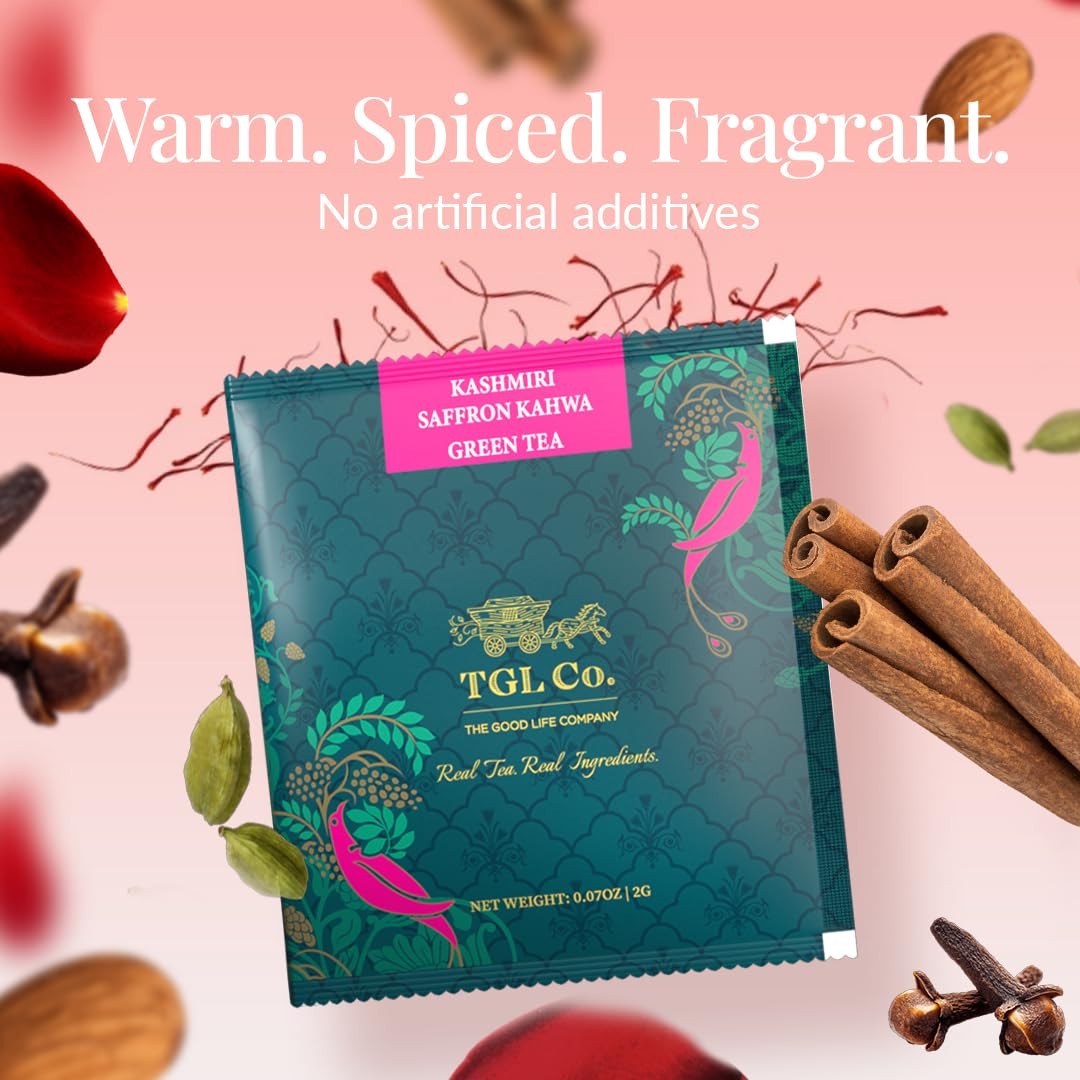 TGL Co.Kashmiri Saffron Kahwa Green Tea 16 Bags|Exotic Herbal Saffron Chai Blend