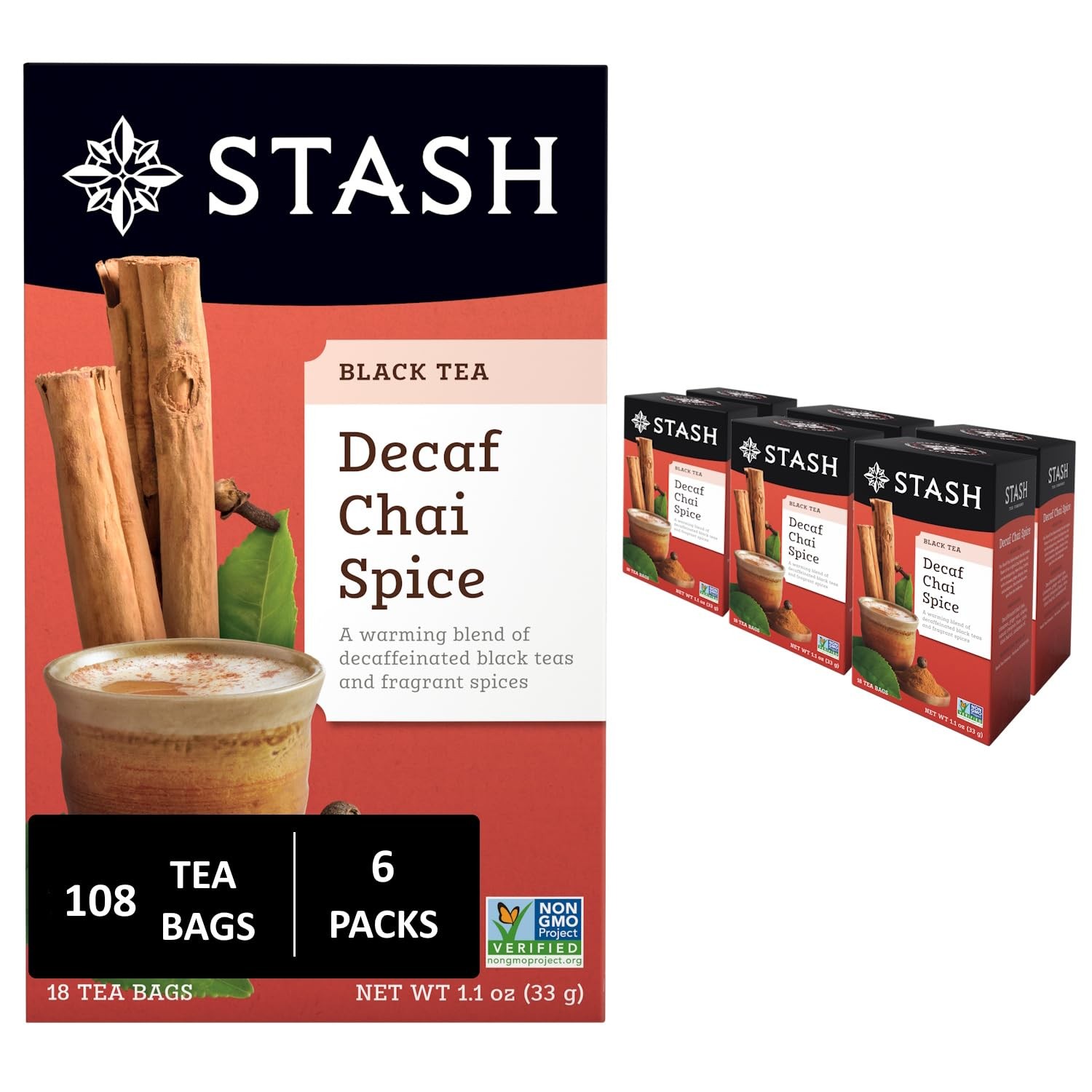 Stash Tea Decaf Chai Spice Black – Decaf, 18 Count (Pack of 6), No Color