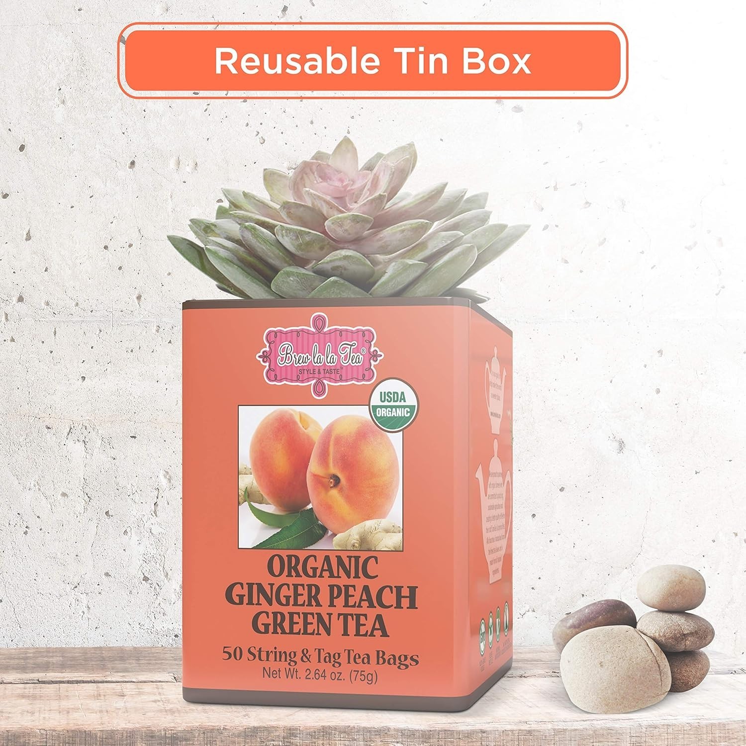 Brew La La Organic Green Tea – Natural Ginger Peach Flavor – 50 Double Chambe…