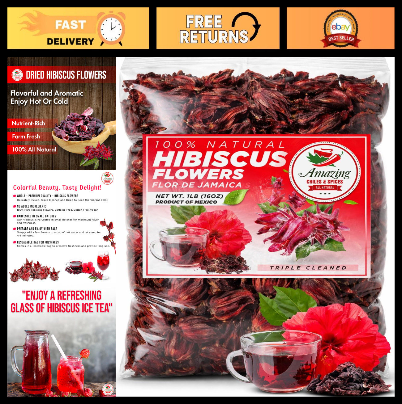 Dried Hibiscus Flowers 1lb – All Natural, Triple Cleaned – Perfect for Tea & Agu