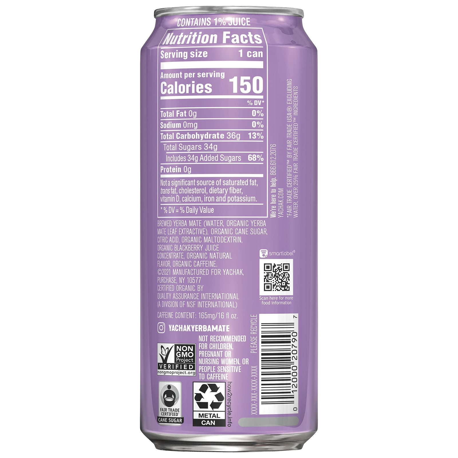 YACHAK Organic Yerba Mate Blackberry Flavor 16 Fl Oz Pack of 12 Cans