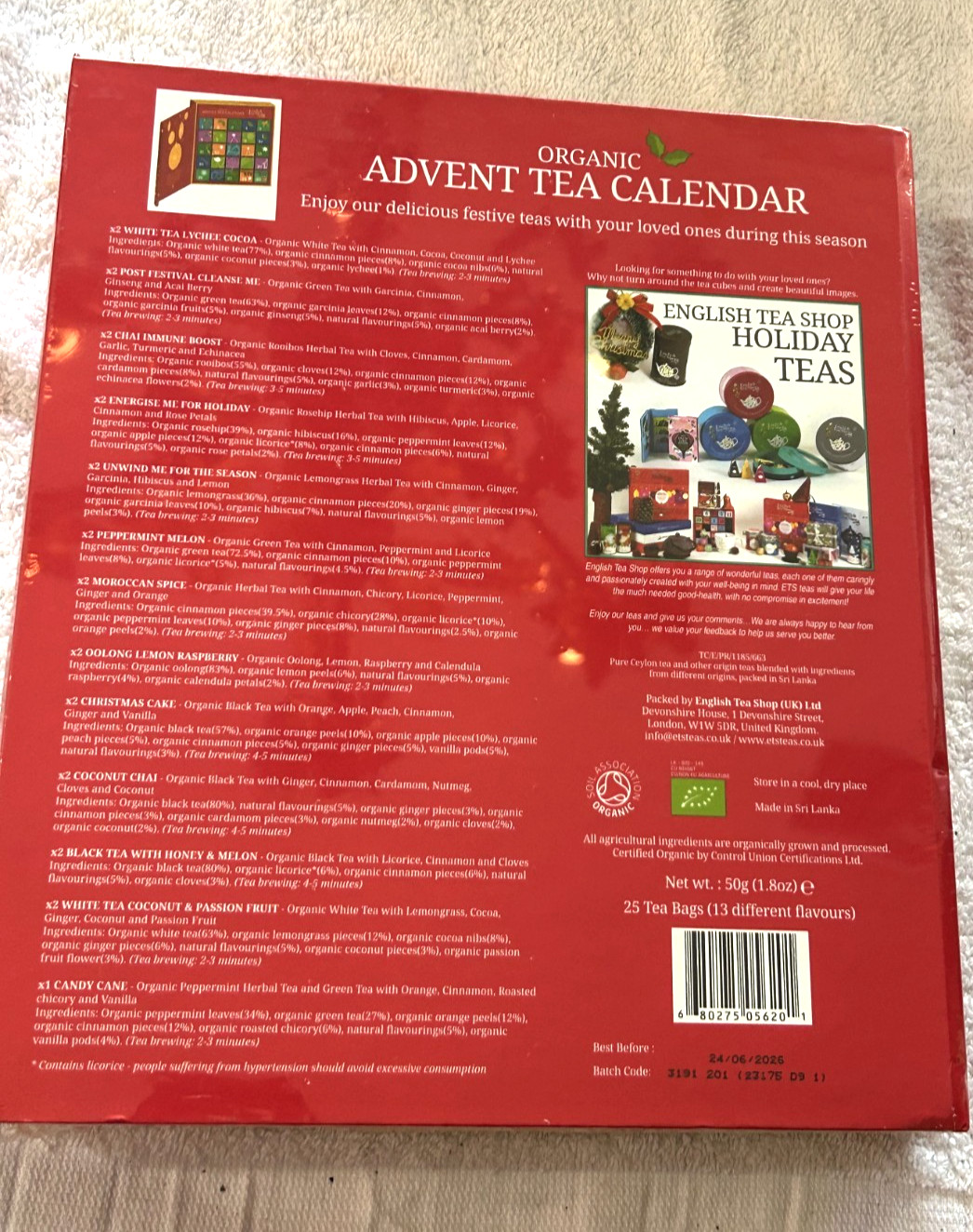 ENGLISH TEA SHOP sealed Organic ADVENT TEA CALENDAR 25 bags 13 flavours 24/06/26