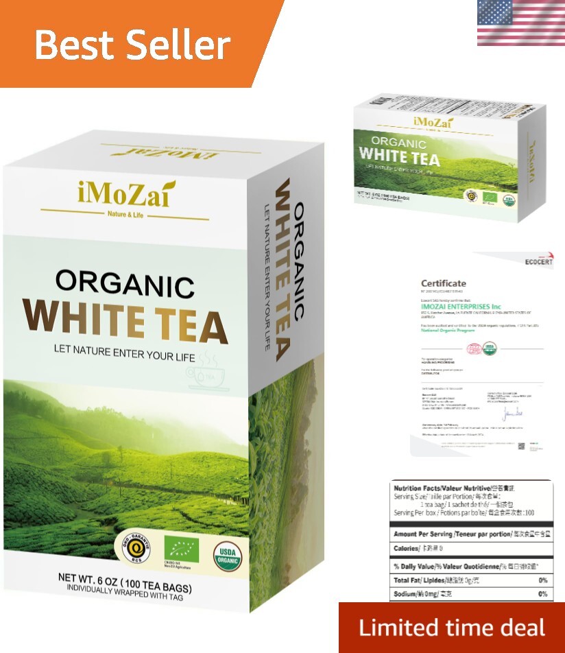 USDA Certified Organic White Tea Bags – 15-20mg Caffeine, Individually Wrapped