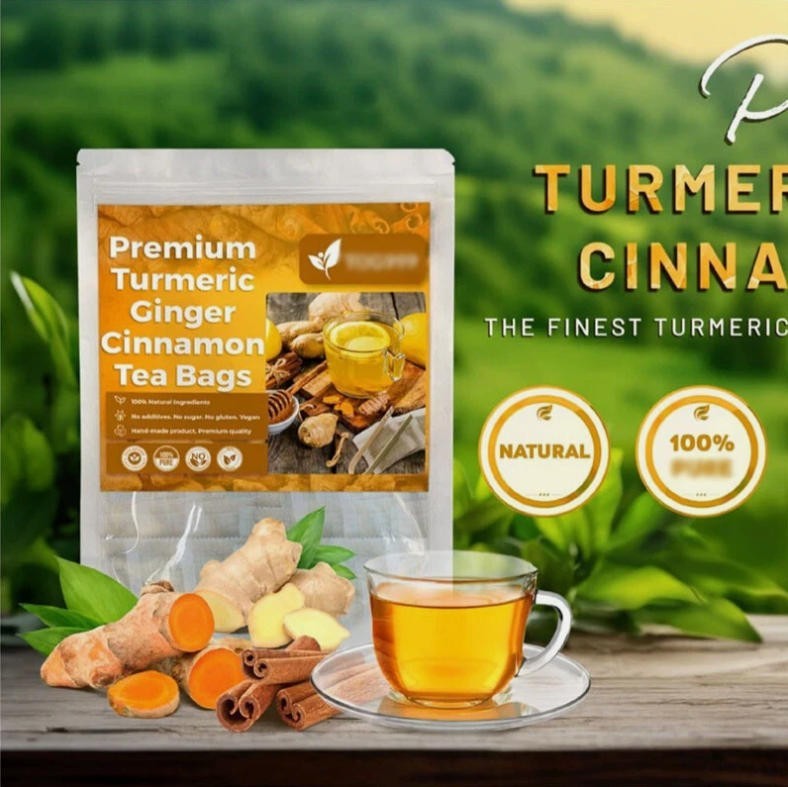 Organic Turmeric, Ginger & Cinnamon – 60 Tea Bags | Plant-Based Pyramid Tea Bag