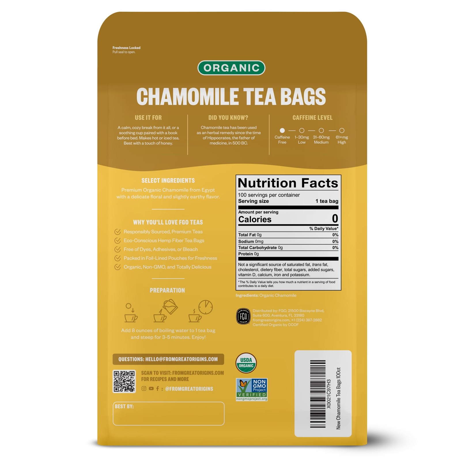 FGO Organic Chamomile Tea, 100 Count, Eco-Conscious Tea 100 Count (Pack of 1)