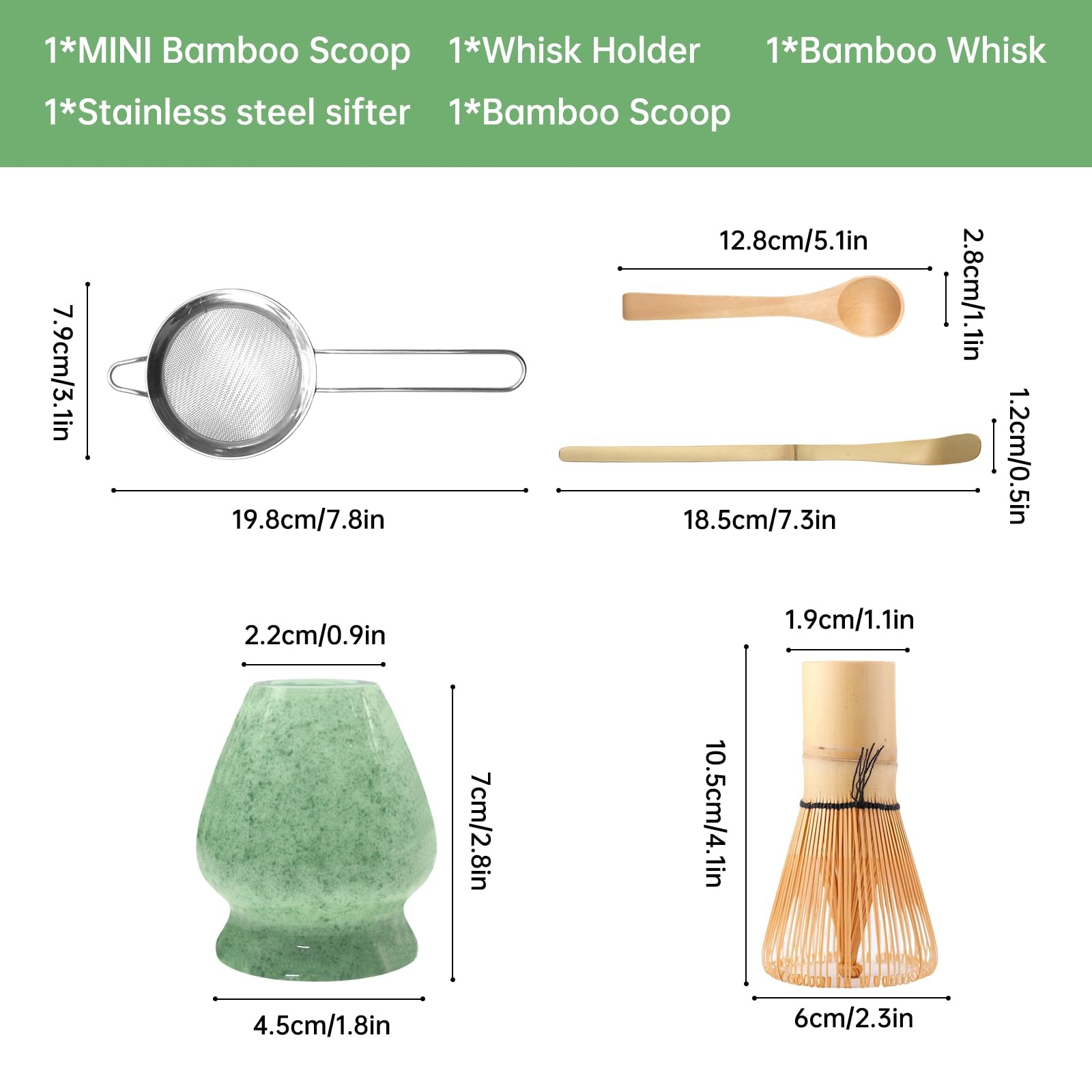 5 Pcs Matcha Whisk Set Green Bowl Chawan Spoon Sifter Kit Ceremony Tea Gift