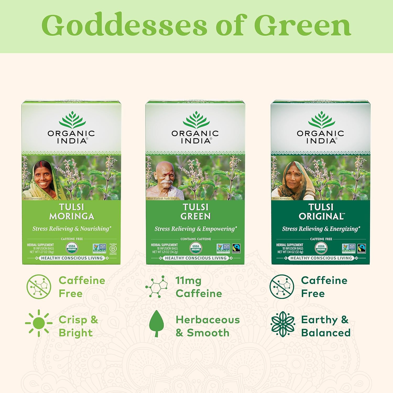 Organic India Tulsi Moringa Herbal Tea Caffeine Free Nourishing 18 Bags, 1 Pack