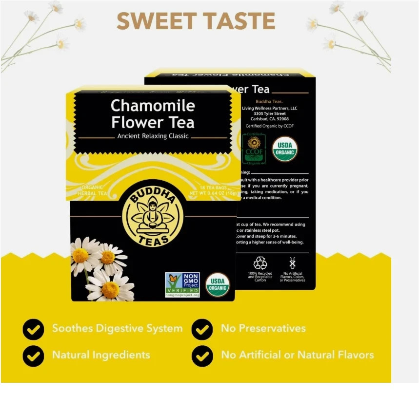 Buddha Teas Chamomile Flower Tea 18 Count Caffeine Free Organic Herbal Blend