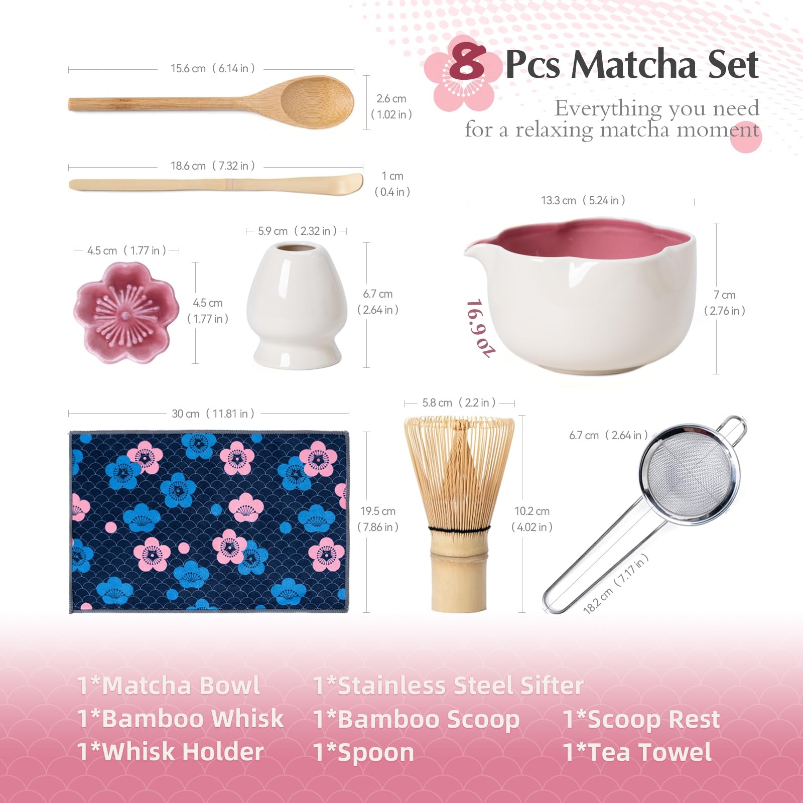 Matcha Set, 8Pcs Floral Ceramic Matcha Kit with Matcha Whisk, Holder, Scoop, …