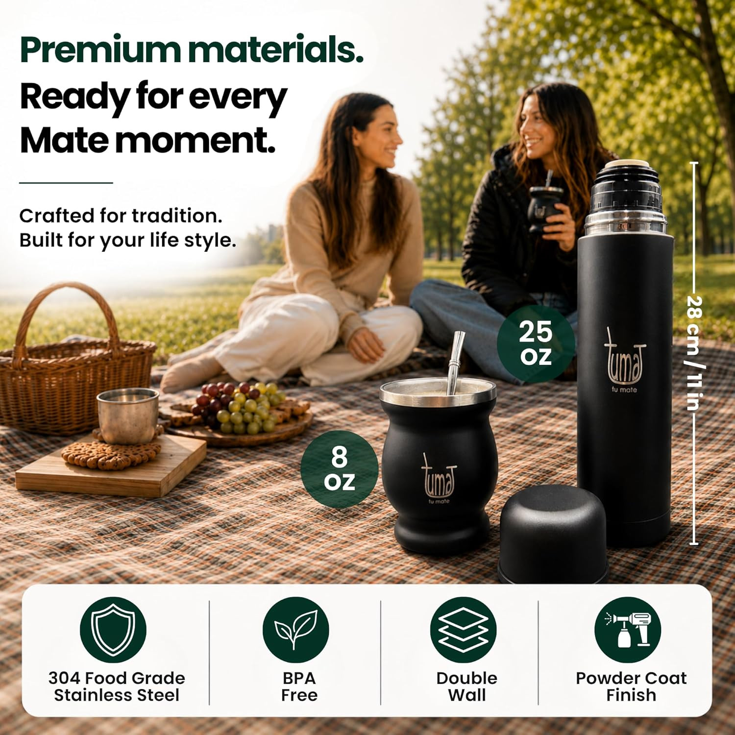 Complete Yerba Mate Kit – Stainless Steel Mate Cup Set, Bombilla (Straw) & 750Ml